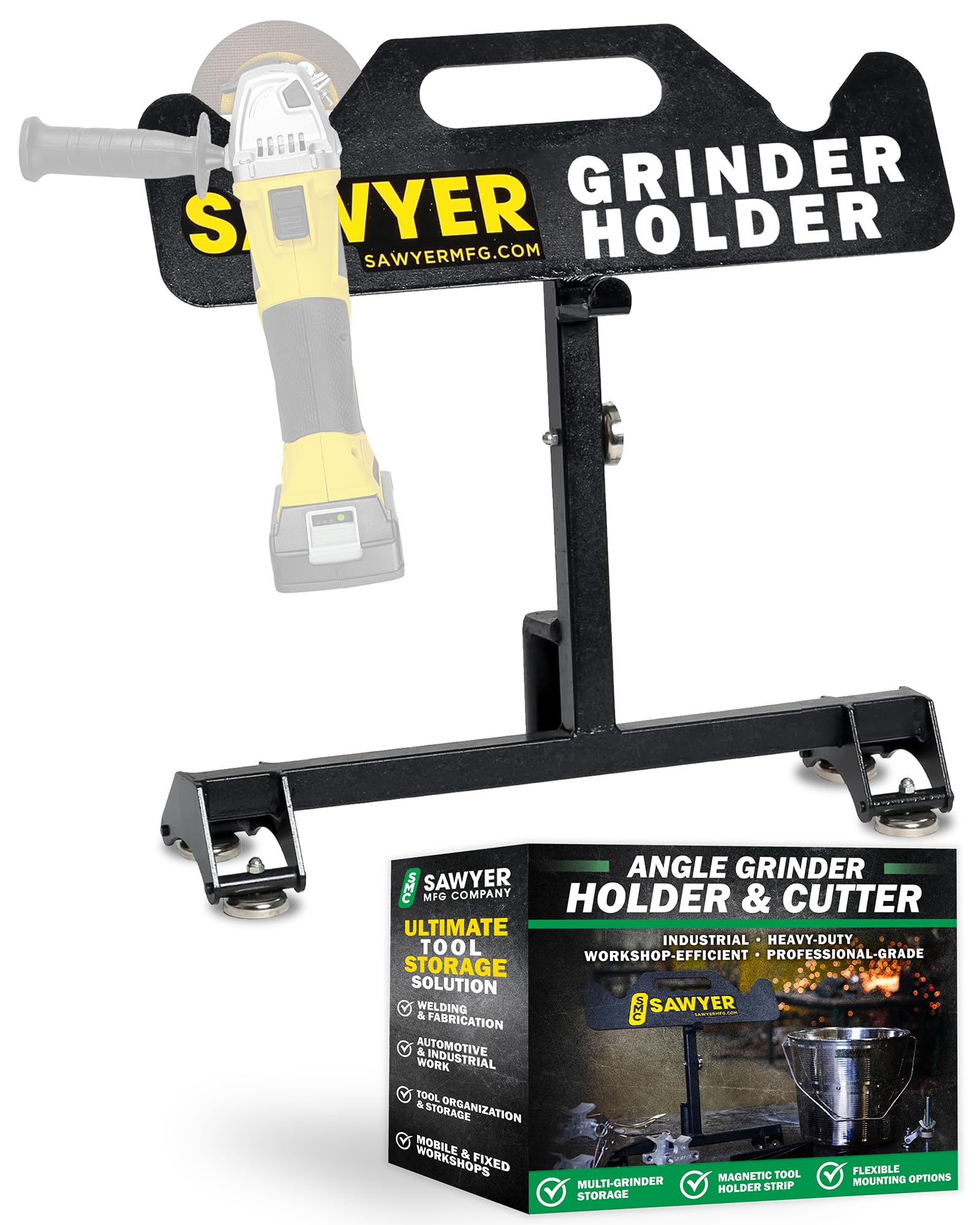 Sawyer Mfg Angle Grinder Holder & Cutter – Adjustable Grinder Base Bracket with Durable Steel Construction, Multi-Functional Tool Organizer, and