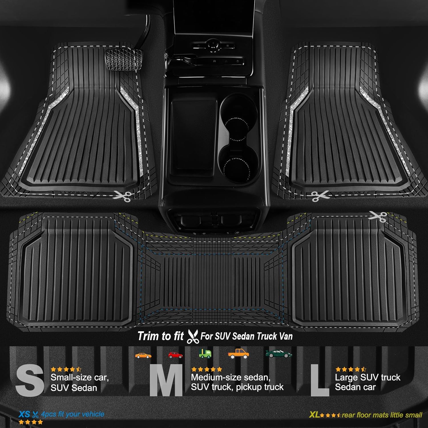 CAR PASS Glitter Heavy Duty Rubber Floor Mats for Car, Waterproof Liner Deep Dish Bling Car Mats Full Sets, Universal Trim to Fit for SUV Truck Sedans Vans, All Weather Floor Mats, Silver Sparkly - Image 2