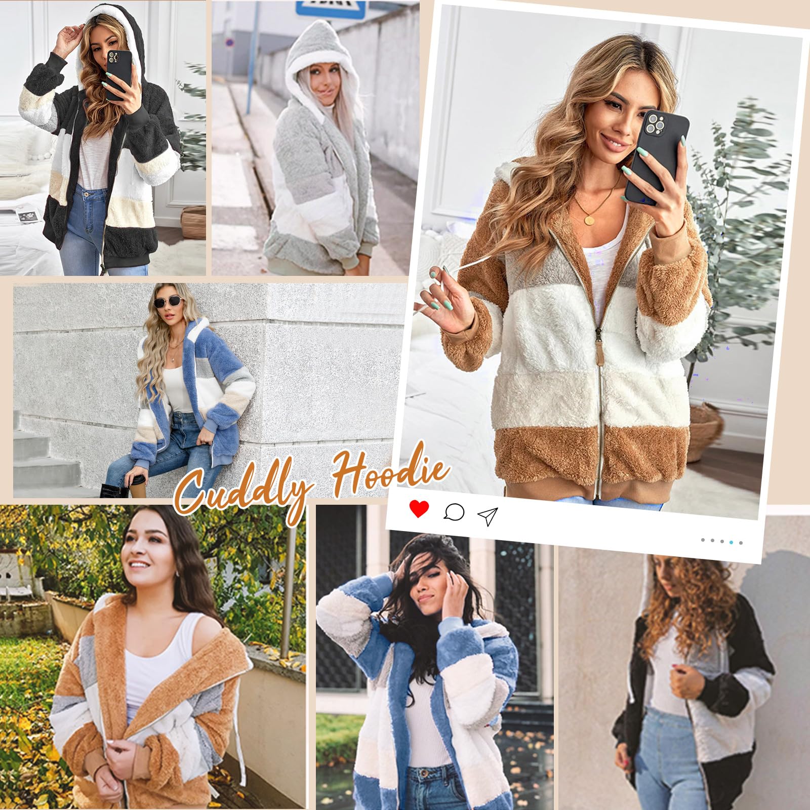 Yuson Girl Manteaux Polaire Zippée pour Femme Hiver Veste Chaude à Capuche Sherpa Doublure en Peluche Outercoat Doux Ample Épaissir Blouson Chaud Décontractée Veste Avec Poches