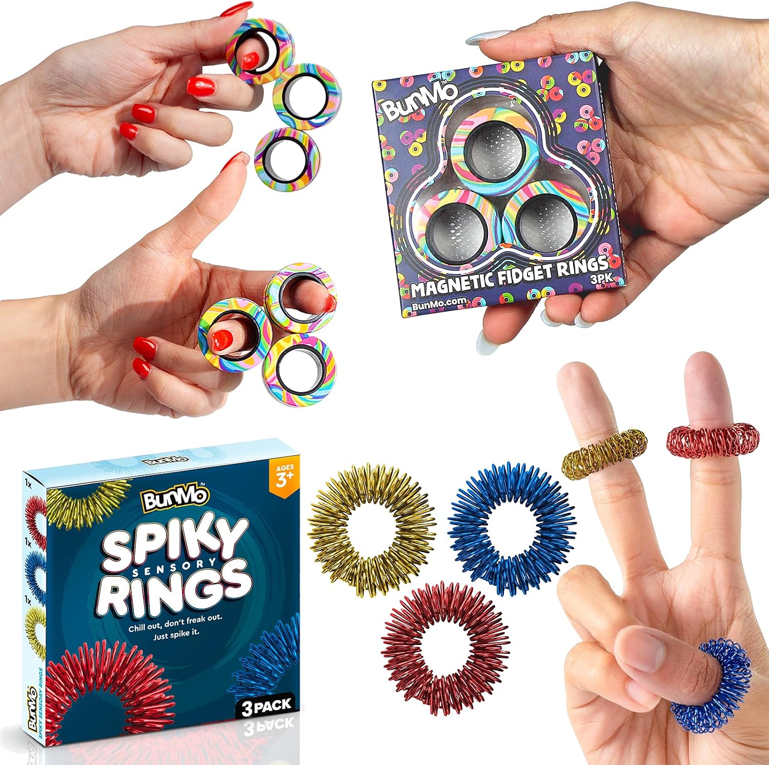 BunMo Fidget Ring Bundle | Spiky Sensory & Magnetic Rings | 3-Pack Fidgets for Adults & Teens 14+