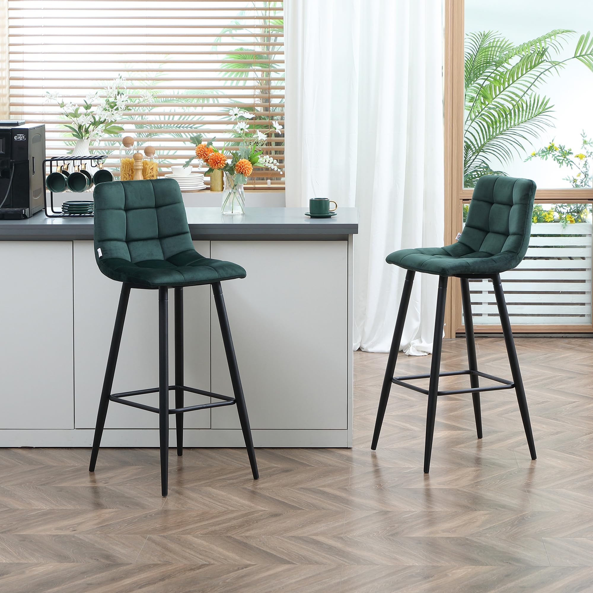 HOMCOM Juego de 2 Taburetes Altos de Cocina con Respaldo Reposapiés Verde