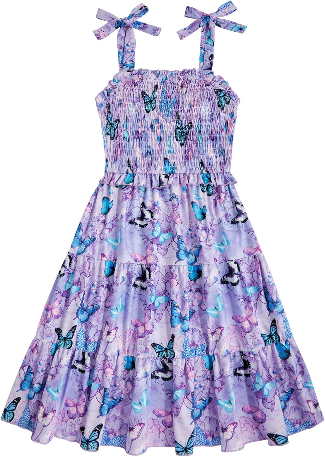 Kids4ever Girls Spaghetti Strap Dress 6-12Y Kids Sleeveless Cami Dresses Summer Beach Smocked Tiered Sundress with Pockets