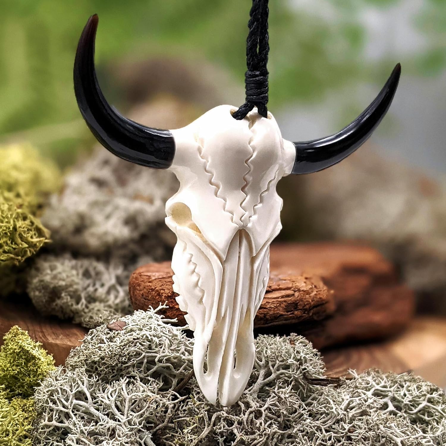 81stgeneration 925 Silver Hand-Carved Large Buffalo Skull Spirit Totem Amulet Necklace – Tribal Horn Pendant - Shamanic Talisman for Men and Women - Western Cowboy Jewelry - Black Cord Necklace