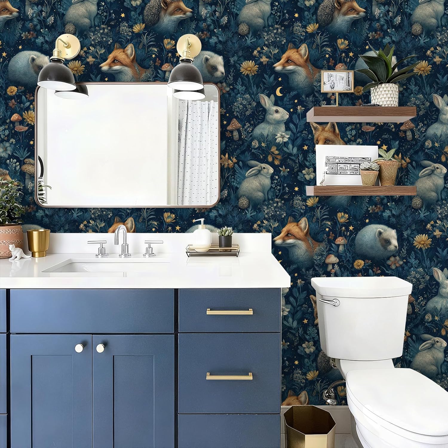 Night Animal Wallpaper Star Moon Tone Peel and Stick Removable 17.7" x 118.11" Floral & Mushroom Detail Wall Paper Self Adhesive for Classroom Bedroom Laundry Room Bathroom