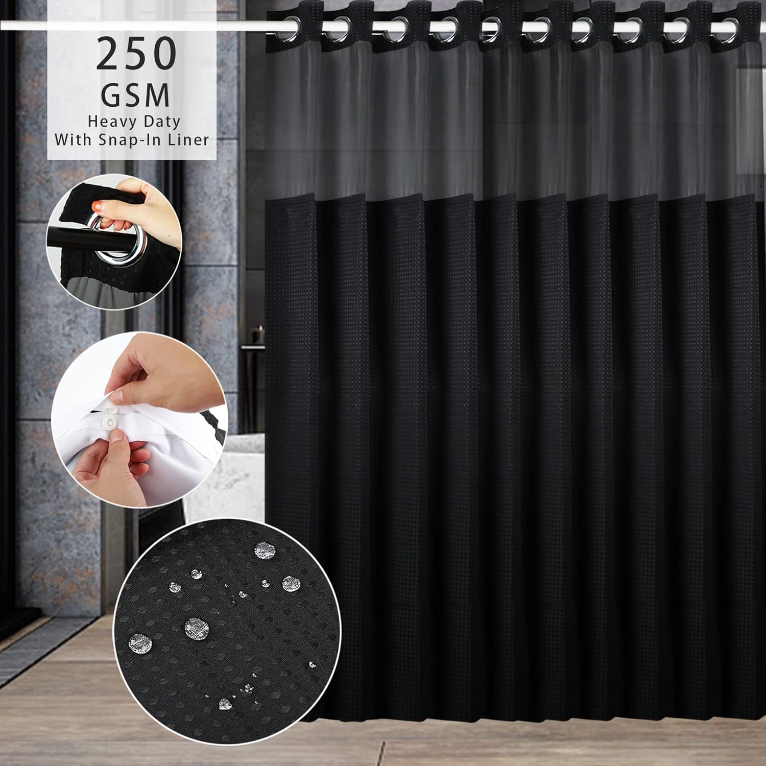 ROHSCE No Hooks Needed Shower Curtain Set with Snap in Removable Liner for Bathroom