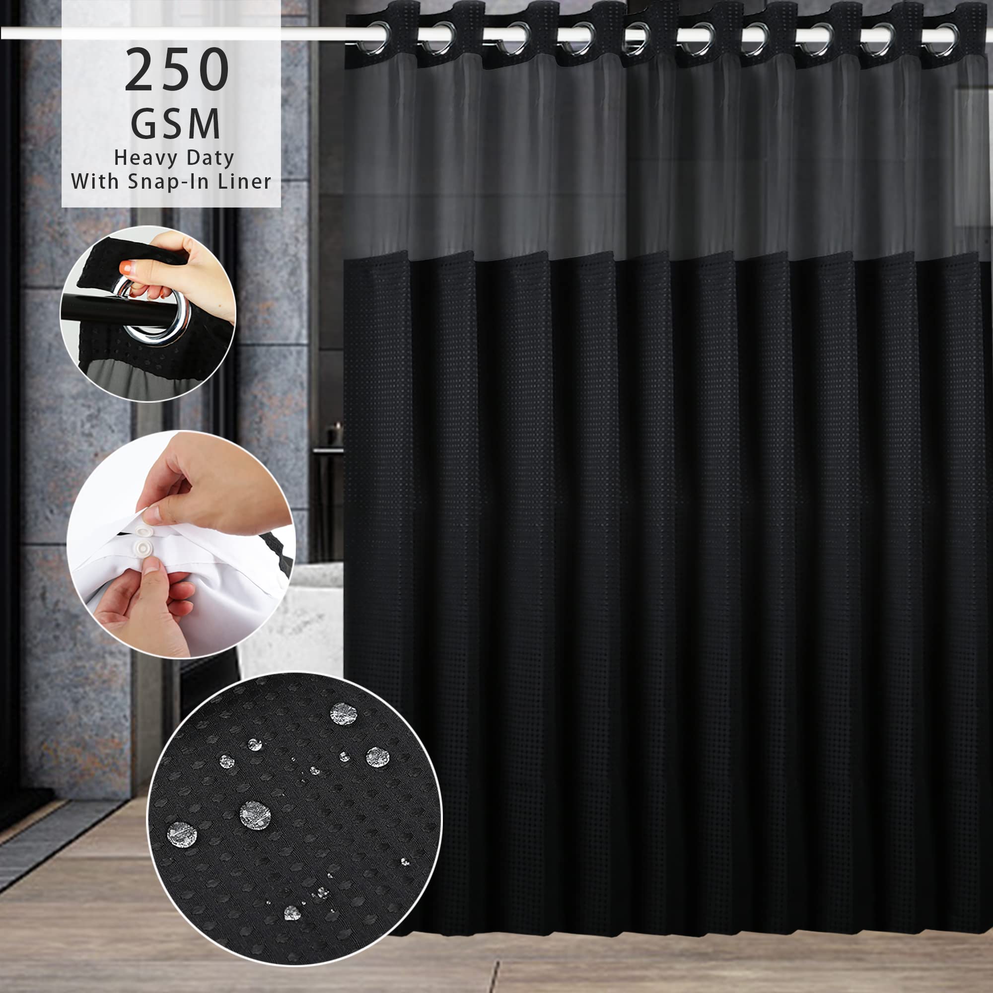 ARGIGU Rideau de douche à tissage gaufré sans crochets avec doublure à clipser Noir g