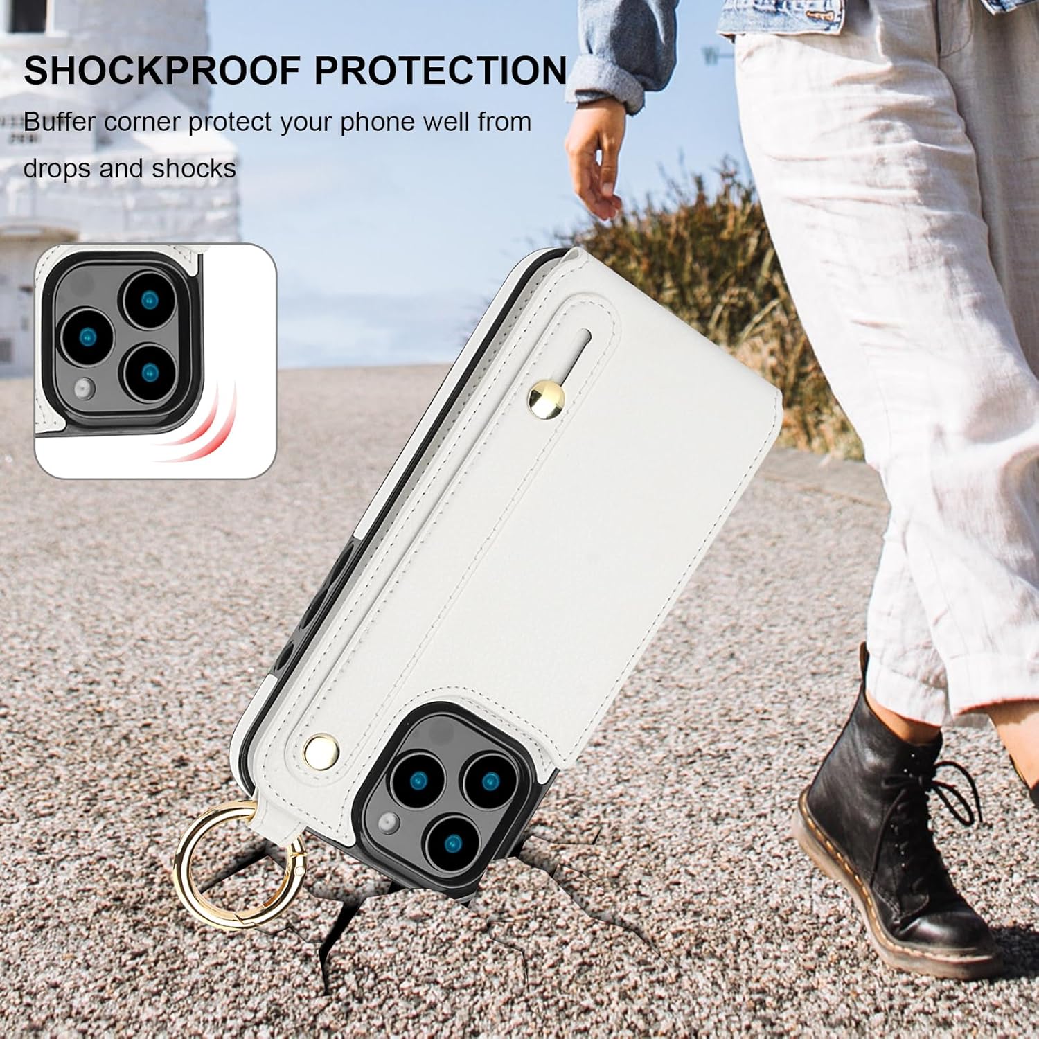 Folosu for iPhone 16 Pro Max Wallet Case with Card Holder, Hand Wrist Strap Loop Holder Kickstand, RFID Blocking Finger Grip Ring PU Leather Double Buttons Shockproof Cover 6.9" White - Image 7