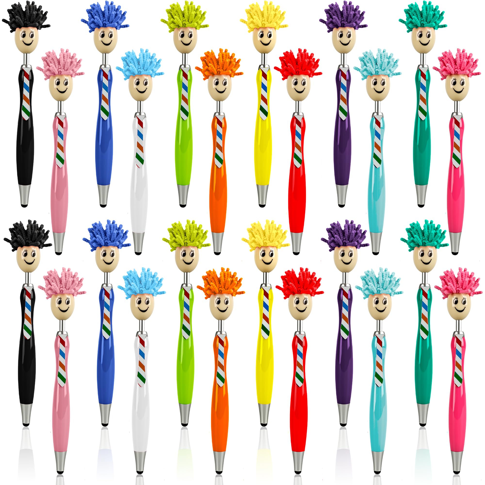 Norcoin 24 Pcs Mop Head Pens Plush Hair Ballpoint Office Novelty Pen Writing Mophea Topper Funny Pens Cute Cartoon Signing Stylus Touch Screen Gift for Adult