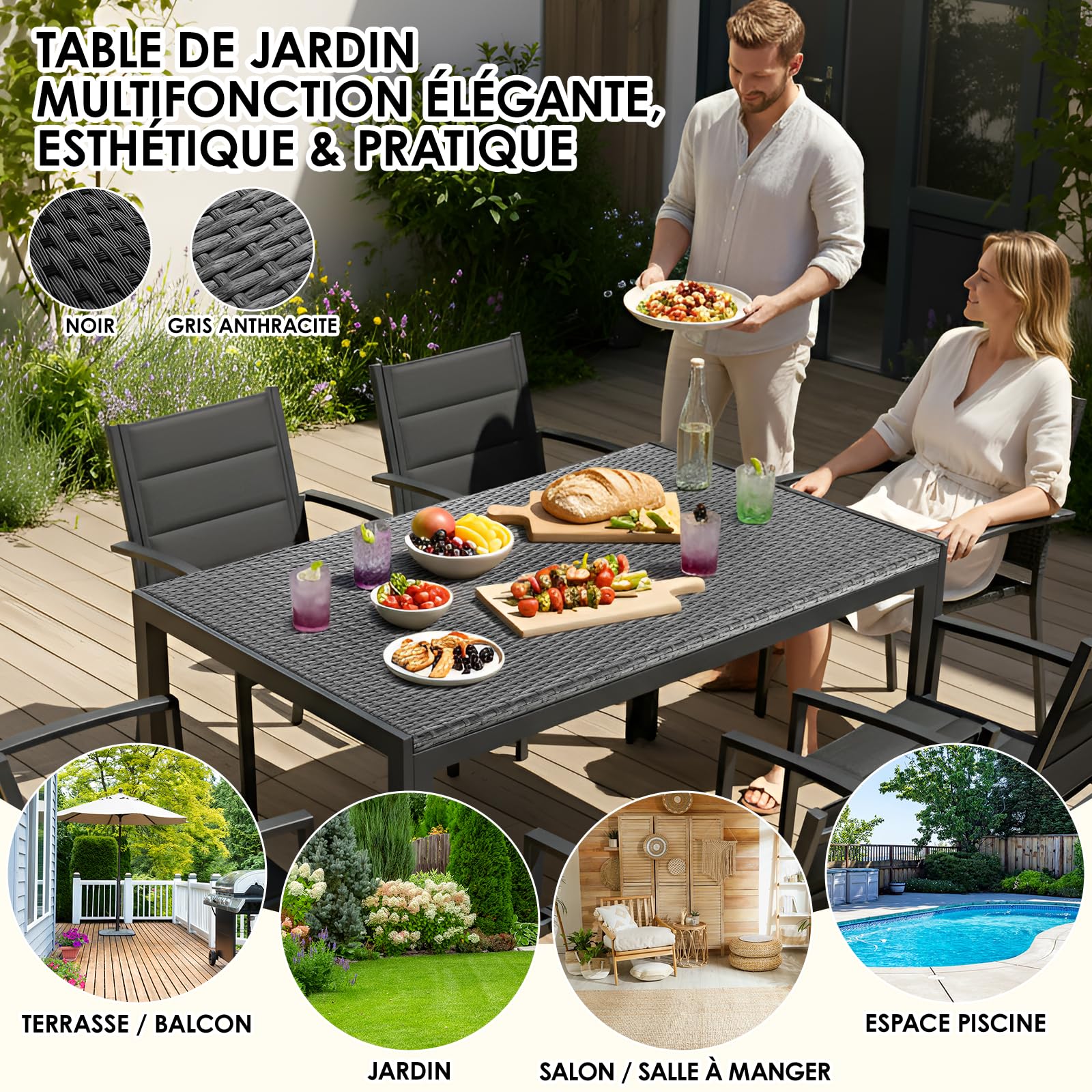 LIFERUN Tavolo da Giardino Rettangolare 4-6 Persone in PE Rattan e Metallo, 119x74 cm, Tavolo da Pranzo Esterno, Resistente alle Intemperie per Terrazza Balcone, Facile da Pulire,Grigio,4 PCS Gambe