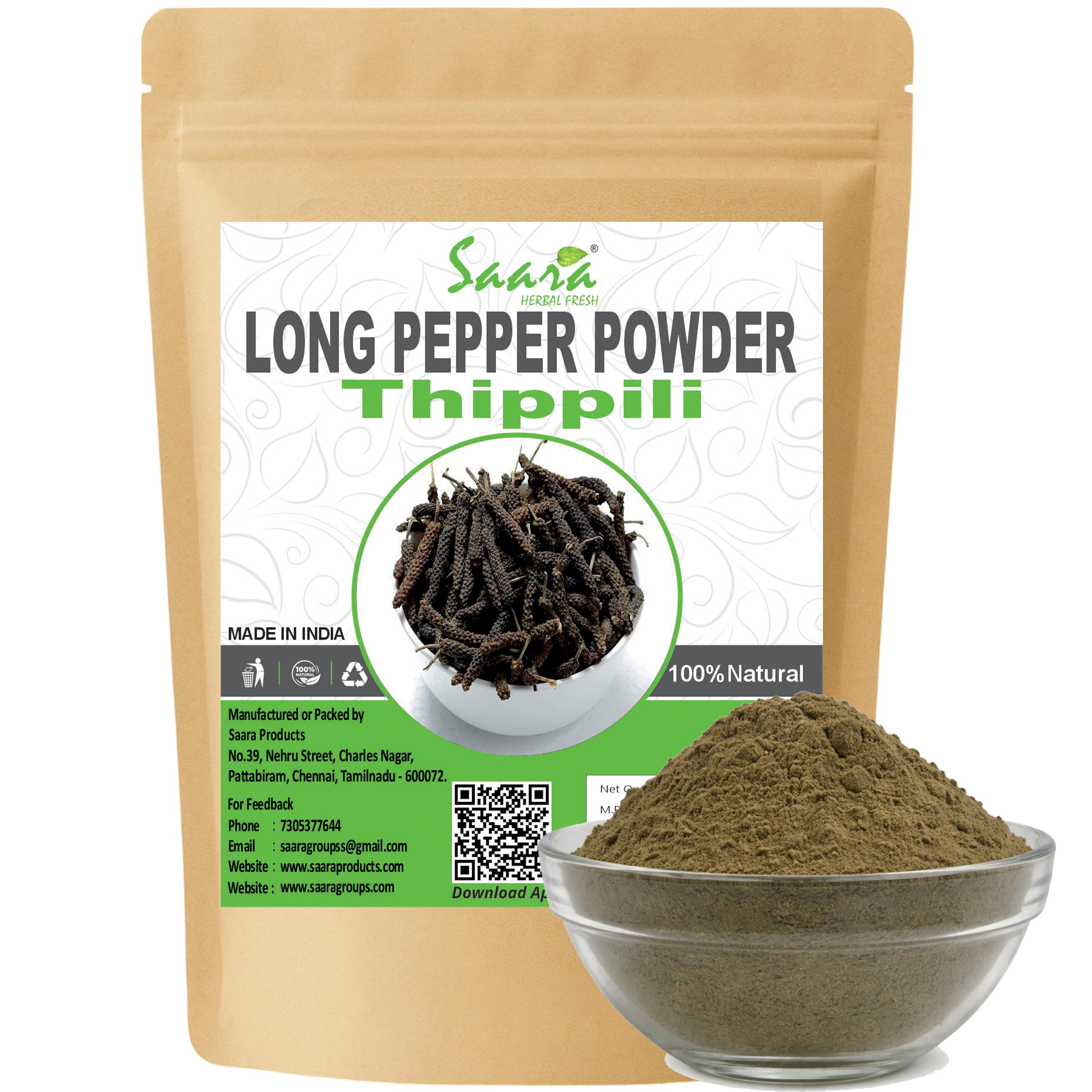 Saara Herbal Fresh Thippili Powder, 50g, Long Pepper Powder, Pipal Badi,Pipali, Piper Longum, Gantoda, Modikaddi Powder, Helps to Improve Appetite(Pack of 1 x 50g)