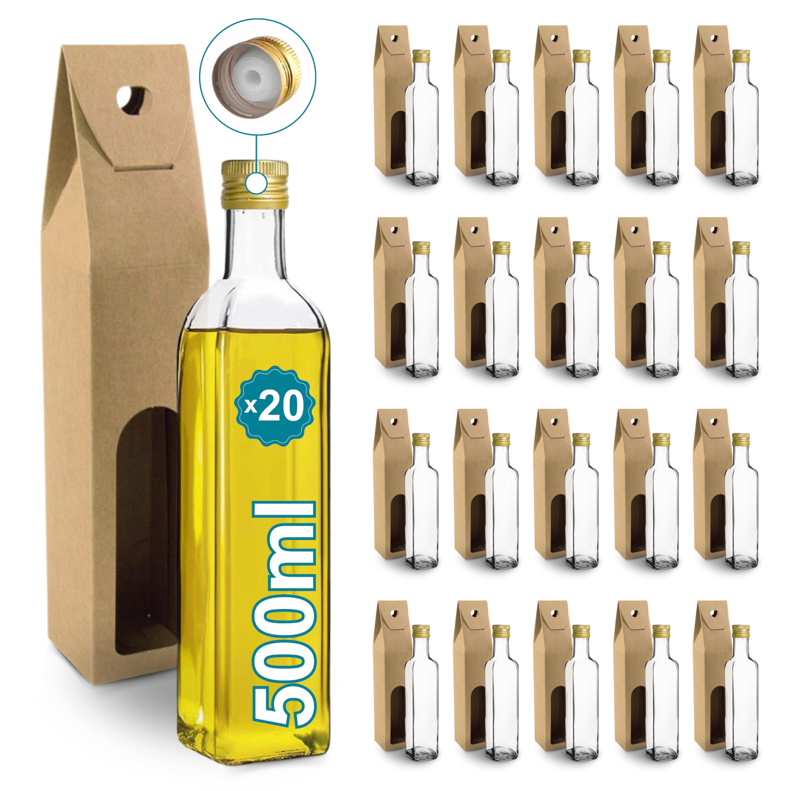 Espirito Rebelde 20 Botellas de Cristal 500ml con Tapón de Rosca Dorado con Boquilla Vertedora + 20 Cajas - Aceite de Oliva, Vinagre, Alcohol, Salsas - Aceitera de Cristal