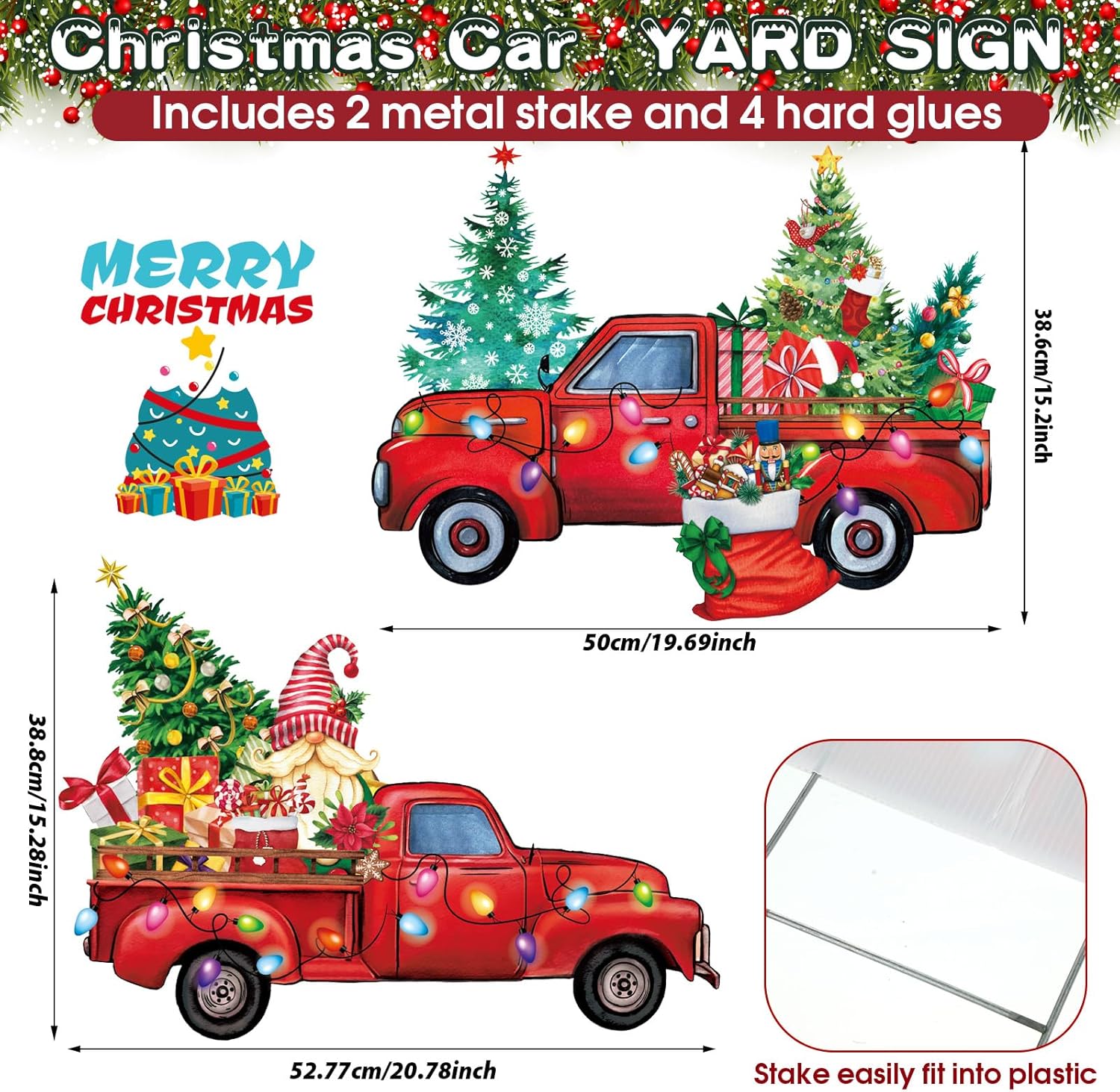Ceenna 2 Pcs Christmas Yard Signs with H Stake - Red Truck Santa Christmas Tree Outdoor Decorations for Lawn, Party, Home, Garden, Pathway