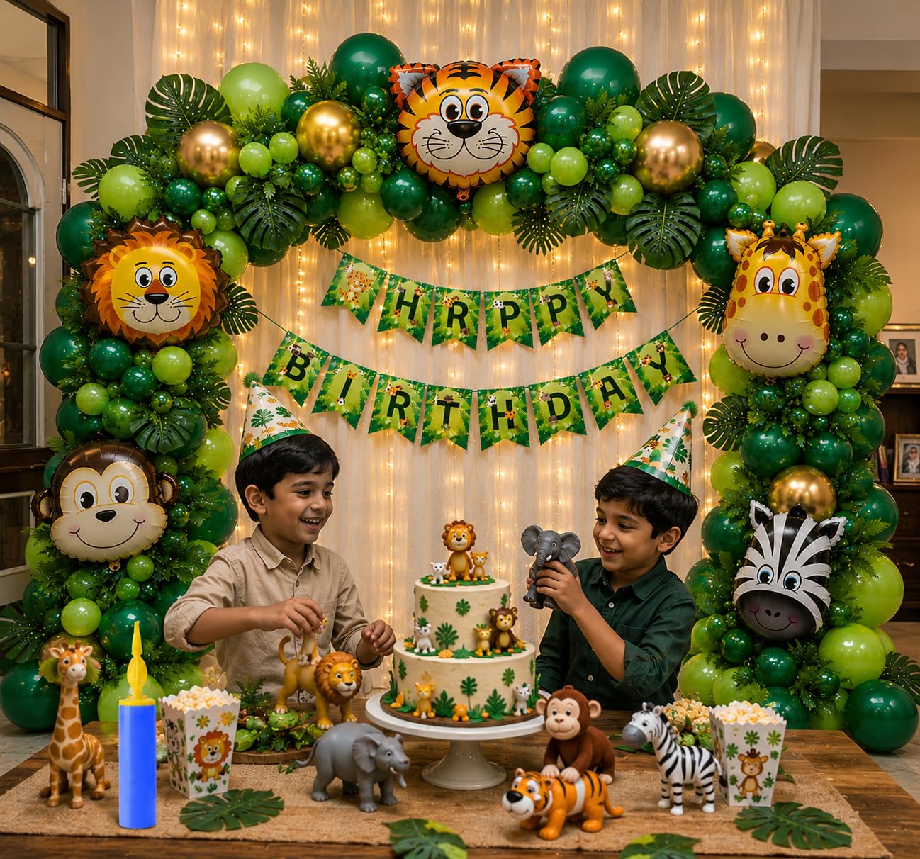 Party Propz Jungle Theme Birthday Decoration Kit - 56Pcs Birthday decoration Items for Boy | Jungle Safari theme Birthdays decorations | 2ft Huge Animal Balloons for Bday (Cardstock,Foil) 3