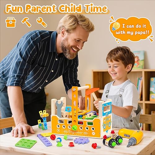 Miniatura 5 de Juego de herramientas para niños con delantal y taladro, 85 piezas de juguetes de herramientas para niños, juegos de construcción de madera para