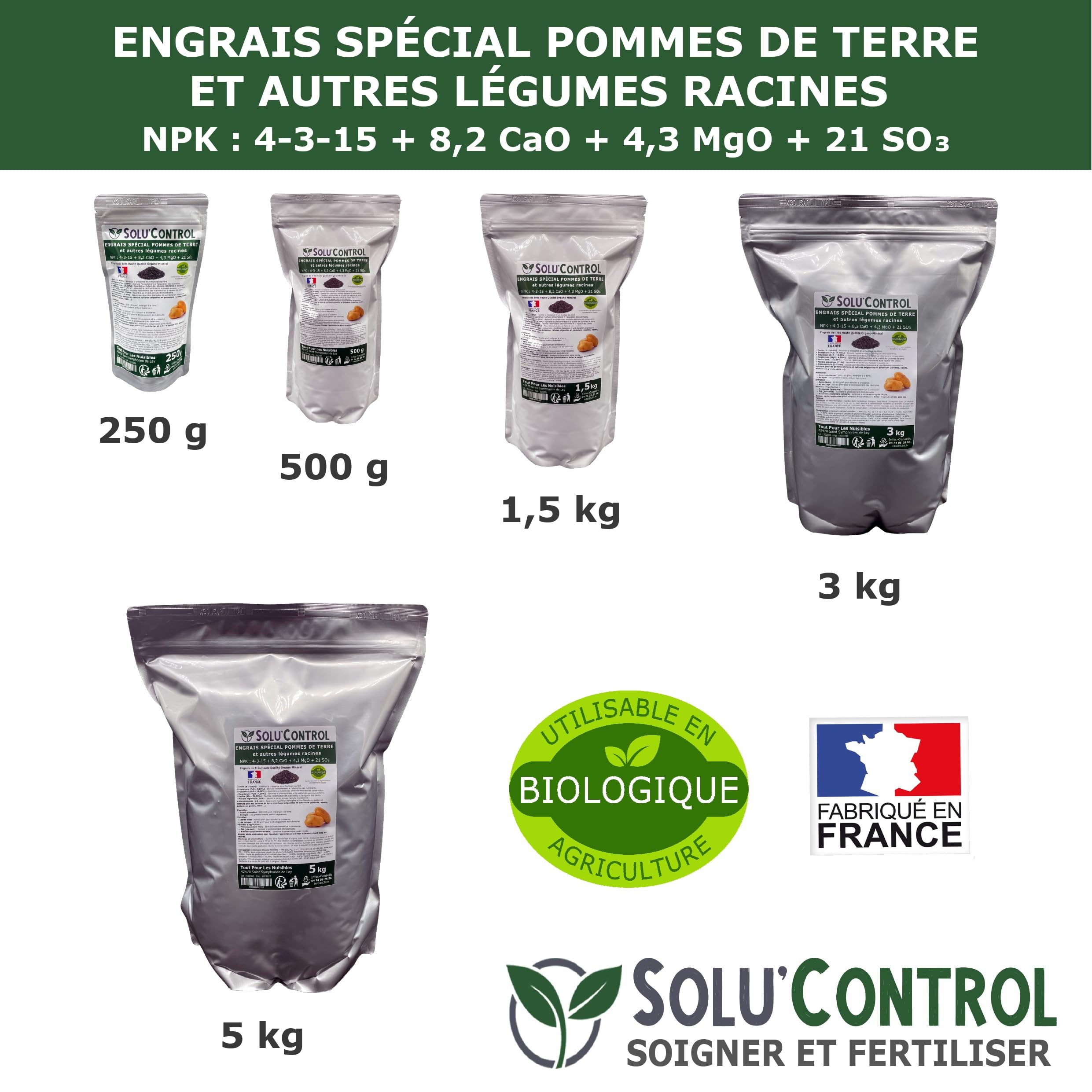 5 kg d'Engrais Spécial Pommes de terre et légumes racines 4-3-15 - Enrichi en Potasse - Favorise la croissance, le grossissement et la conservation des tubercules - UAB - Fabriqué en France