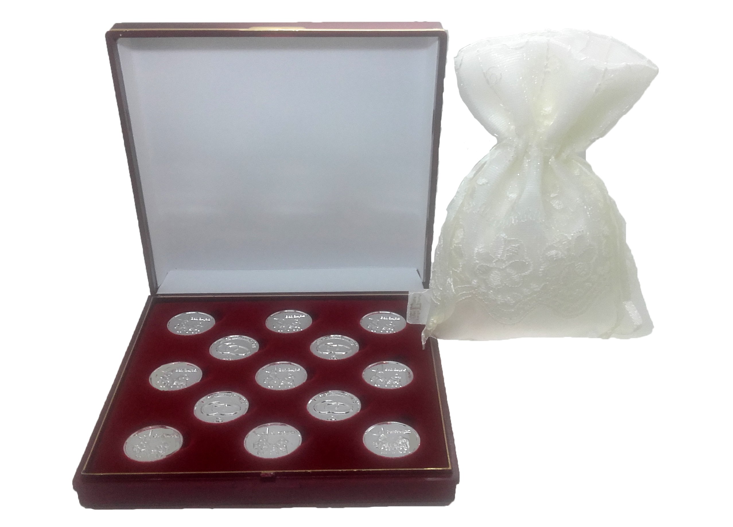 DOCOLASTRA Arras de Boda de Don QUIJOTE y Sancho, con Estuche y saquito en Blanco Roto.