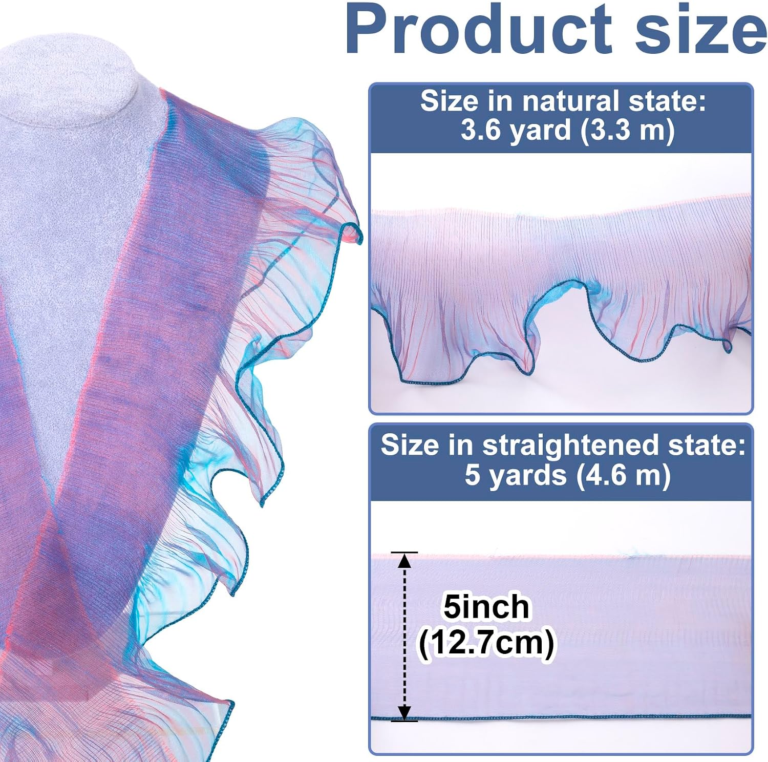 SmallCat 5 Yard Organza Ruffled Fabric, Retro Ruffle Tulle Lace Border, Pleated Chiffon Trim Ribbon for Sewing Clothes Dress Bag Cake Decoration- Gradient Purple Blue