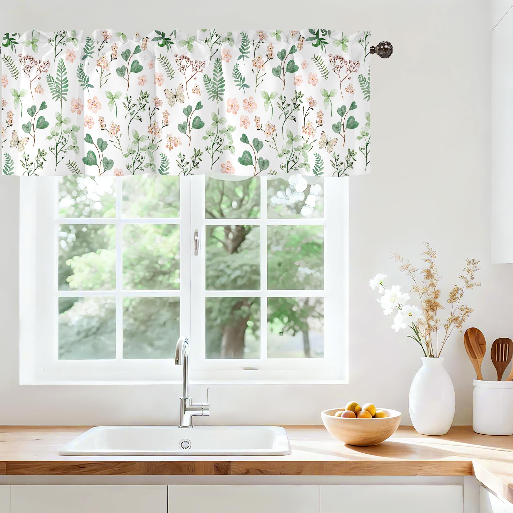 Spring Wildflower Green Leaves Kitchen Valances for Windows, 42x12 in
