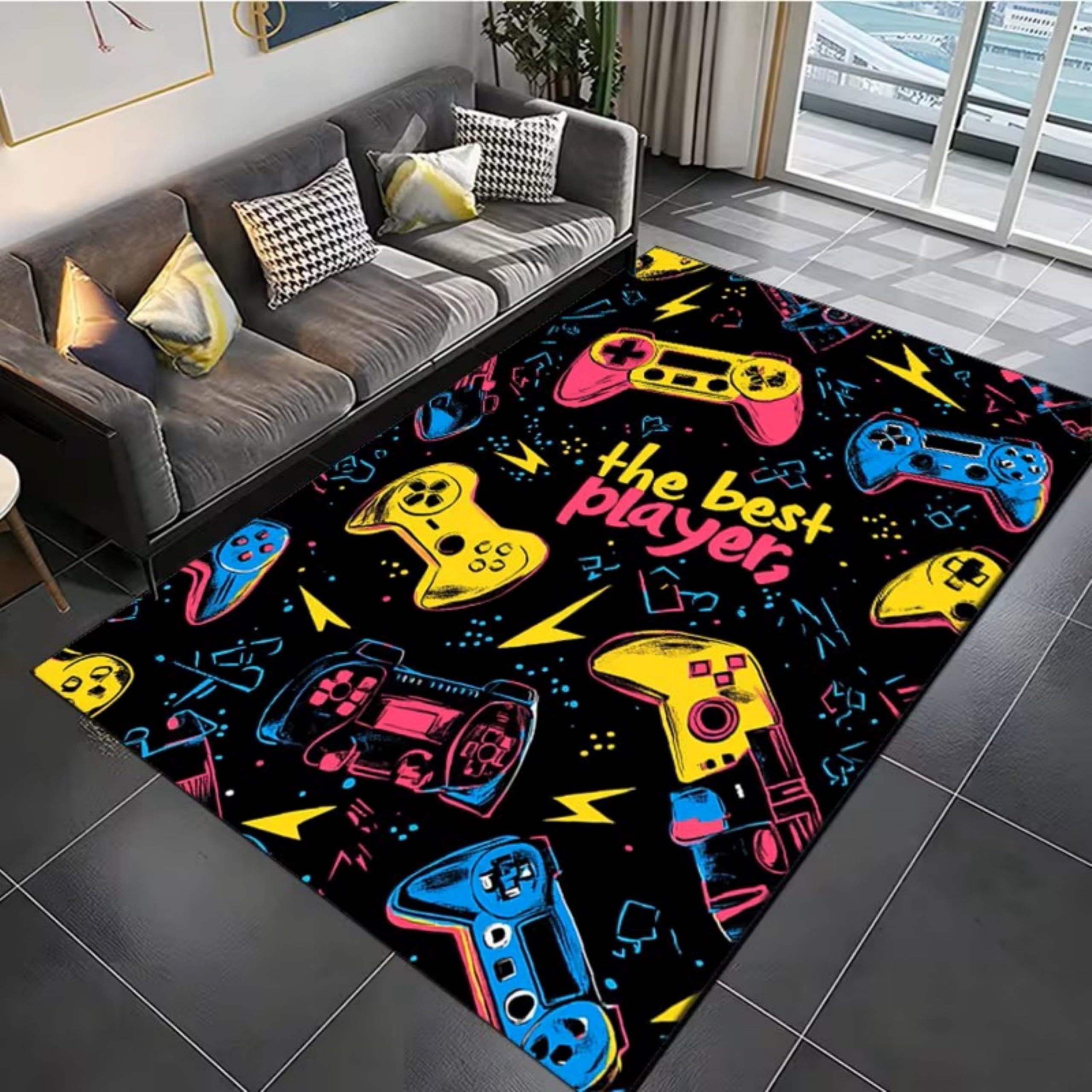 SOJAWA Gaming Area Rugs 60x90cm Cartoon Graffiti Contrasting Color Handle Pattern, Best Player Game Rugs, Gaming Rug For Boys Bedroom, Suitable for Living Room, Game Room, Soft Non-Slip, Washable