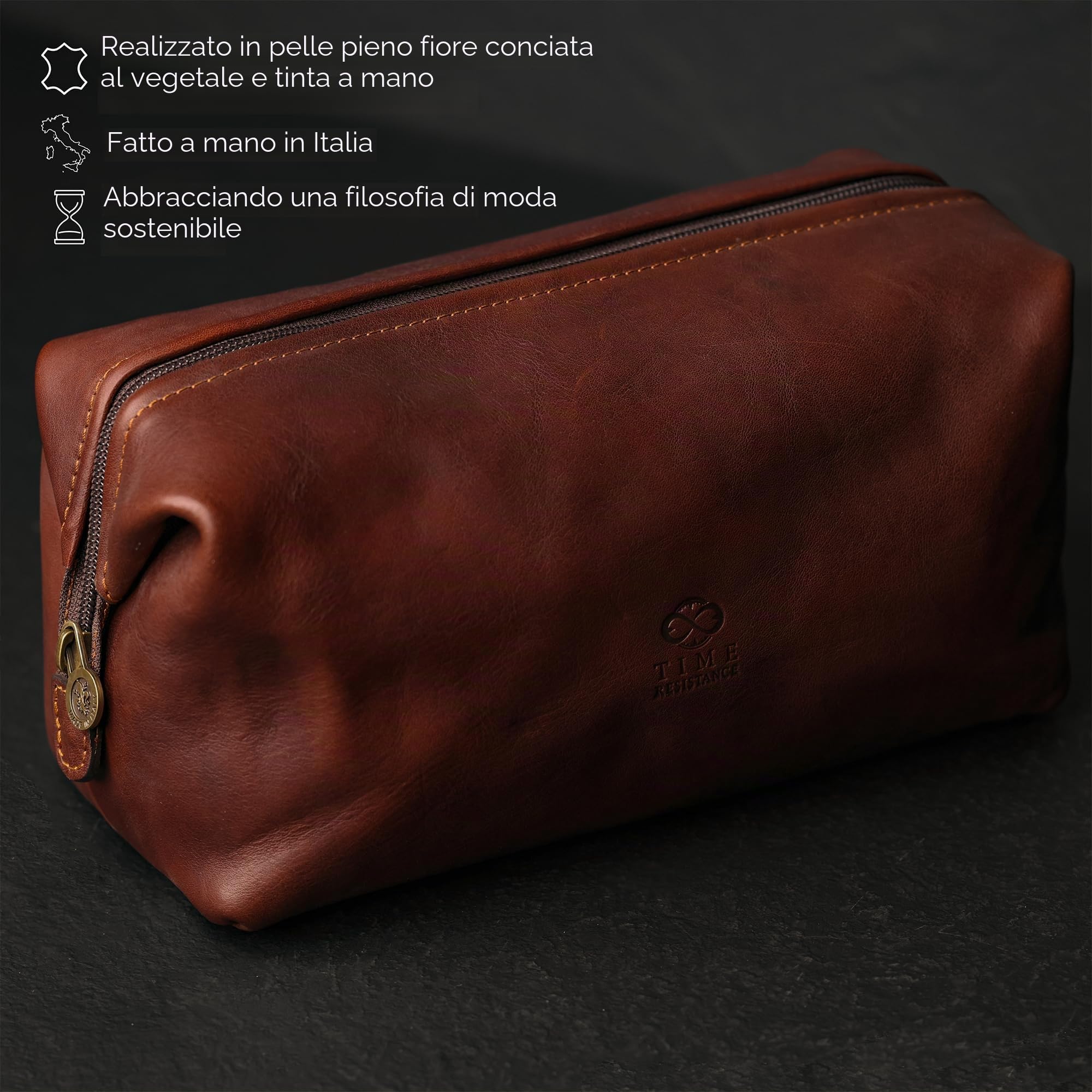 Beauty Case Uomo Pelle Realizzato in Italia da Esperti Artigiani – Beauty da Viaggio, Apertura Ampia – Borsa da Toilette da Viaggio – Time Resistance