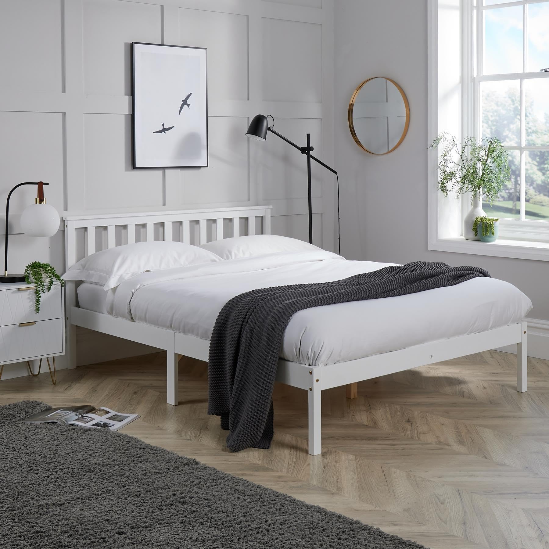 Home Source Florida Solid Wood Low End Bed Frame, Natural Wood, White, 4ft 6in Double