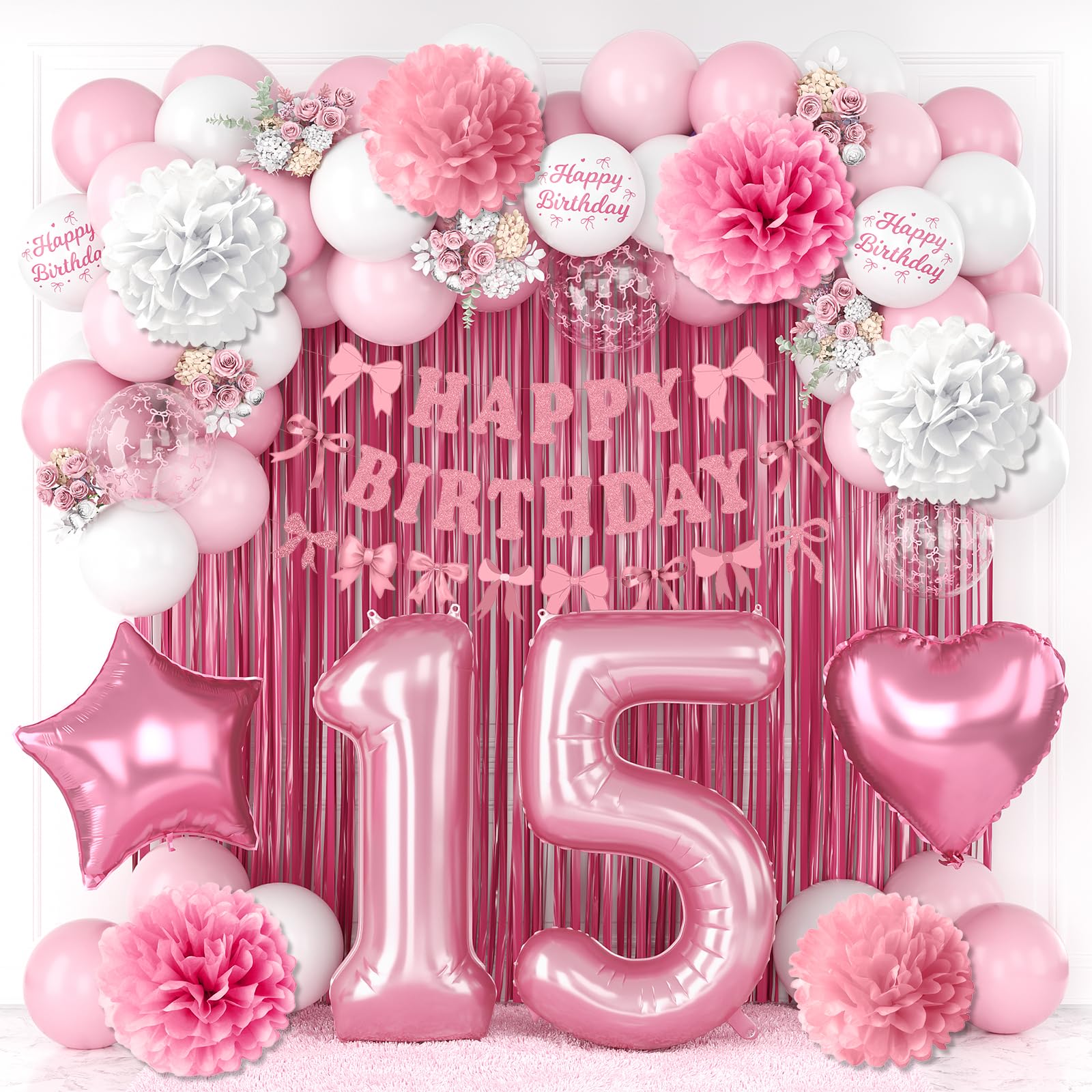 15th Birthday Decorations Girls Pink Number 15 Balloon Bow Coquette Party