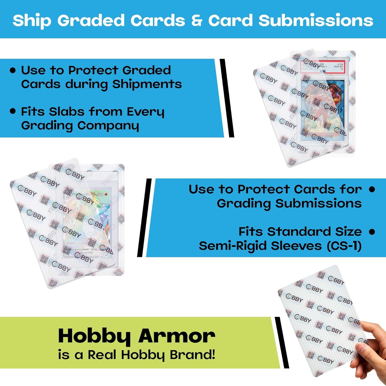 500 Pack Plastic Graded Trading Card Shipping Protector by Hobby Armor, 4" x 6" with Rounded Corners, Translucent Vibrant Multi-Color Plastic Card Protector to Guard Cards from Dings, Cardboard Alt