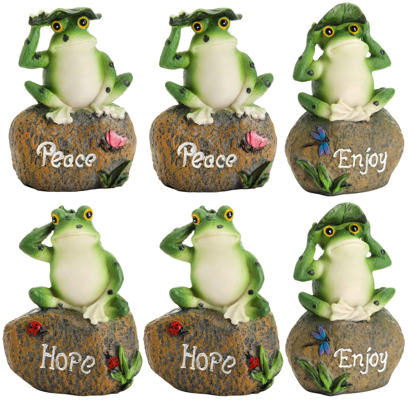 Hiceeden 6 Pcs Garden Frog Statues Decor, Resin Frog Figurines with Peace, Enjoy, Hope Sign, Funny Summer Decorations Natural Garden Ornament for Patio, Yard, Living Room, Indoor Outdoor