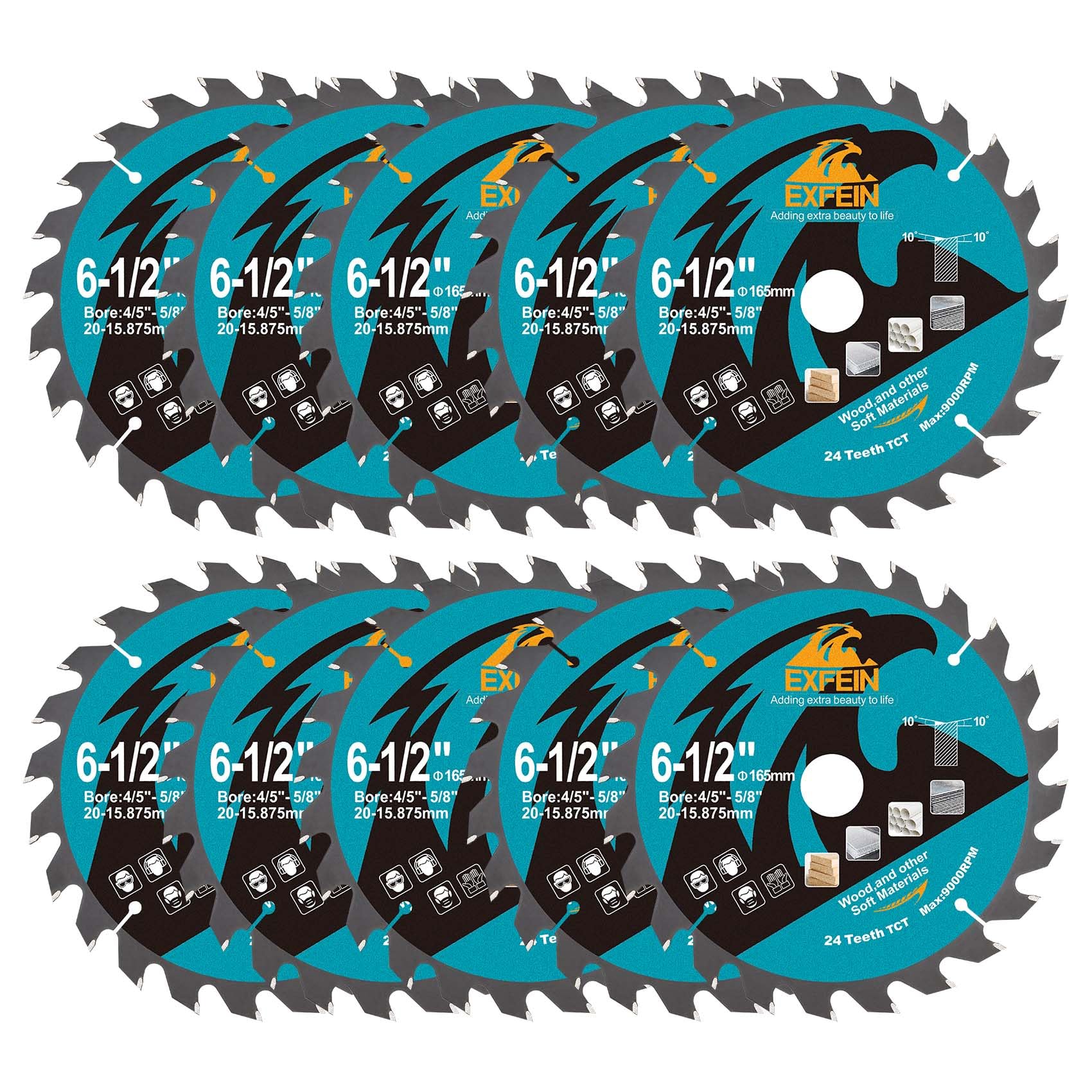 EXFEIN 165mm Wood Cutting Discs 10pcs, 24 Teeth ATB TCT Fine Finish Disc with 20mm Bore for Wood Plastic
