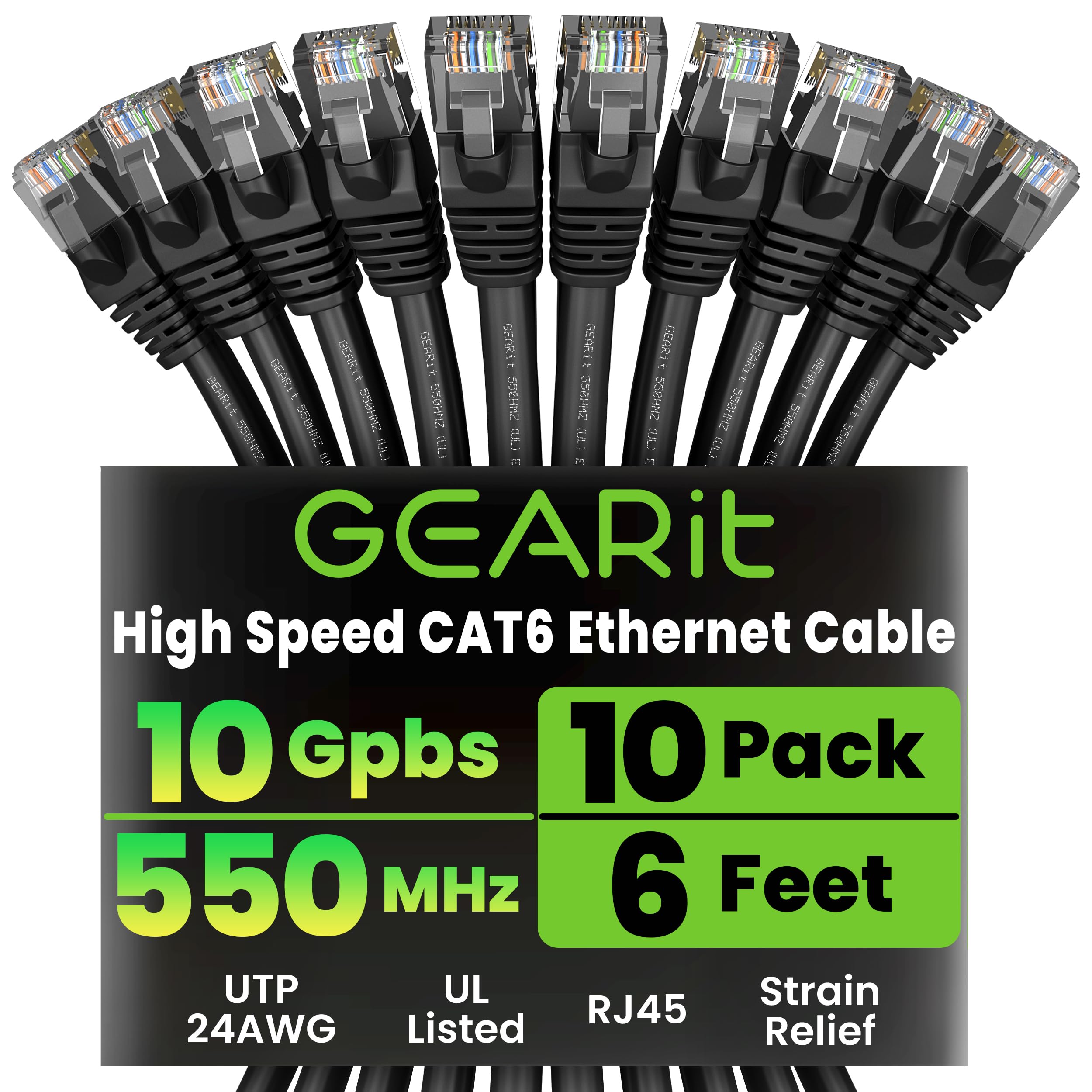 GearIT (10 Pack 1.8 meters RJ45 Cat6 550MHz Ethernet Network Patch Cable - BLACK