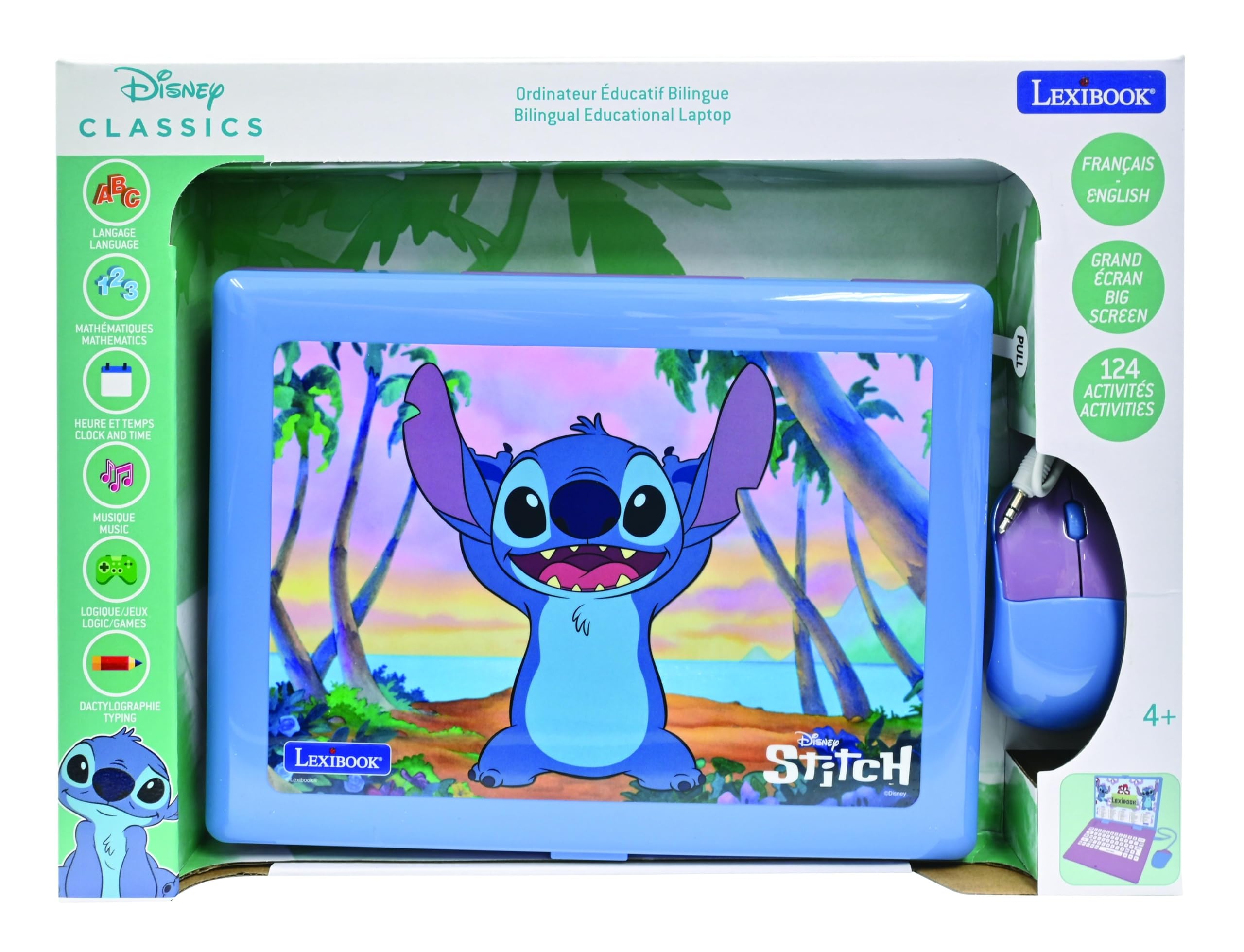 Lexibook, Disney Stitch, Ordenador Educativo bilingüe en inglés/español, 124 Actividades de lenguaje, Escritura, matemáticas, lógica, música y Juegos, para niños y niñas, JC598Di2