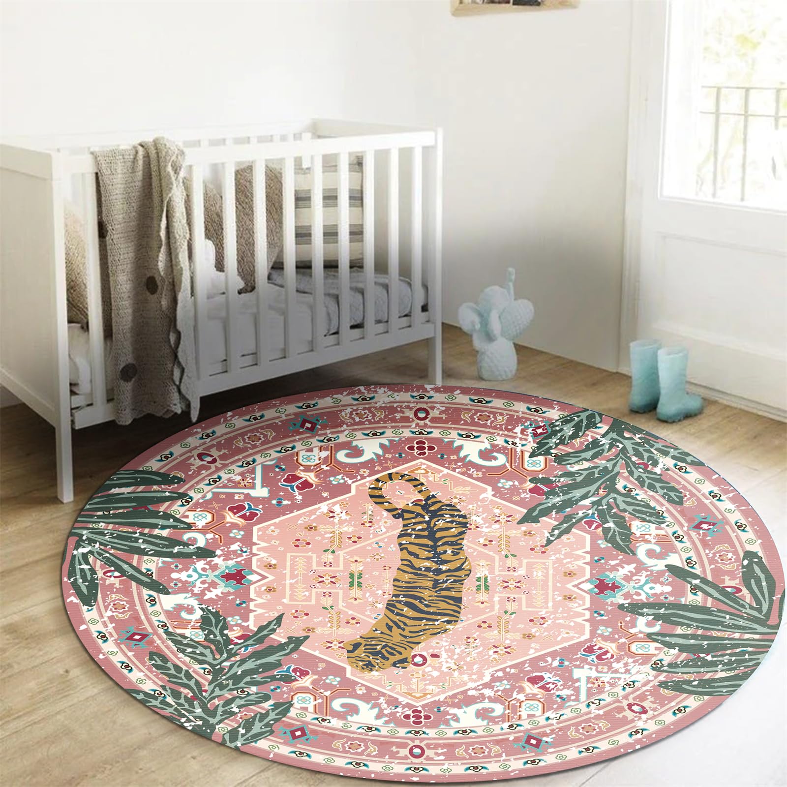 Waschbarer rosa Teppich, dünn, orientalisch, Boho, Vintage, niedlich, tropischer Leopard, 1,5 m, rund, für Schlafzimmer, Küche, Esszimmer, Wohnzimmer, Büro, Eingangsbereich, Used-Look,