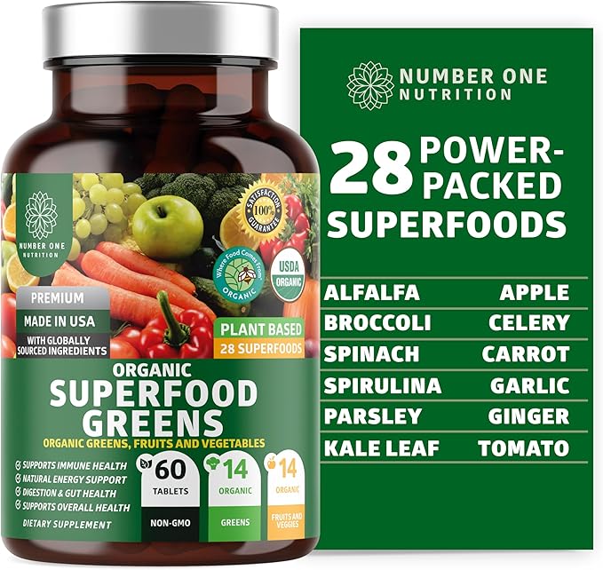 Number One Nutrition N1N Premium Superfood Greens [28 Powerful Ingredients] and Super Fruits & Veggies Supplement [40 Whole Foods] - Complete Superfood Bundle, 2 Pack