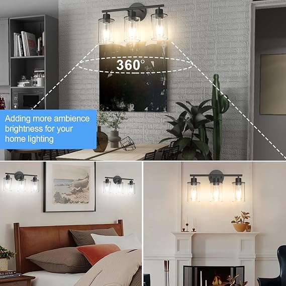 Aipsun Bathroom Vanity Light Farmhouse 3 Light Matte Black Vanity Lighting Fixtures with Clear Glass Shade(Exclude Bulb)