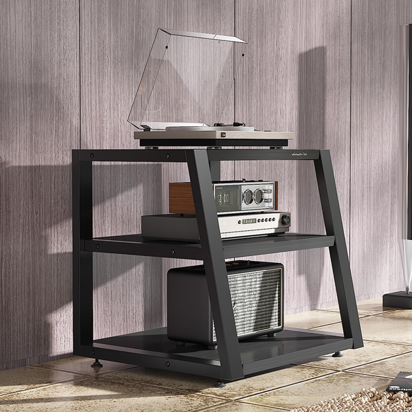 Meuble hifi à 3 niveaux et étagère d'angle multimédia pour salon
