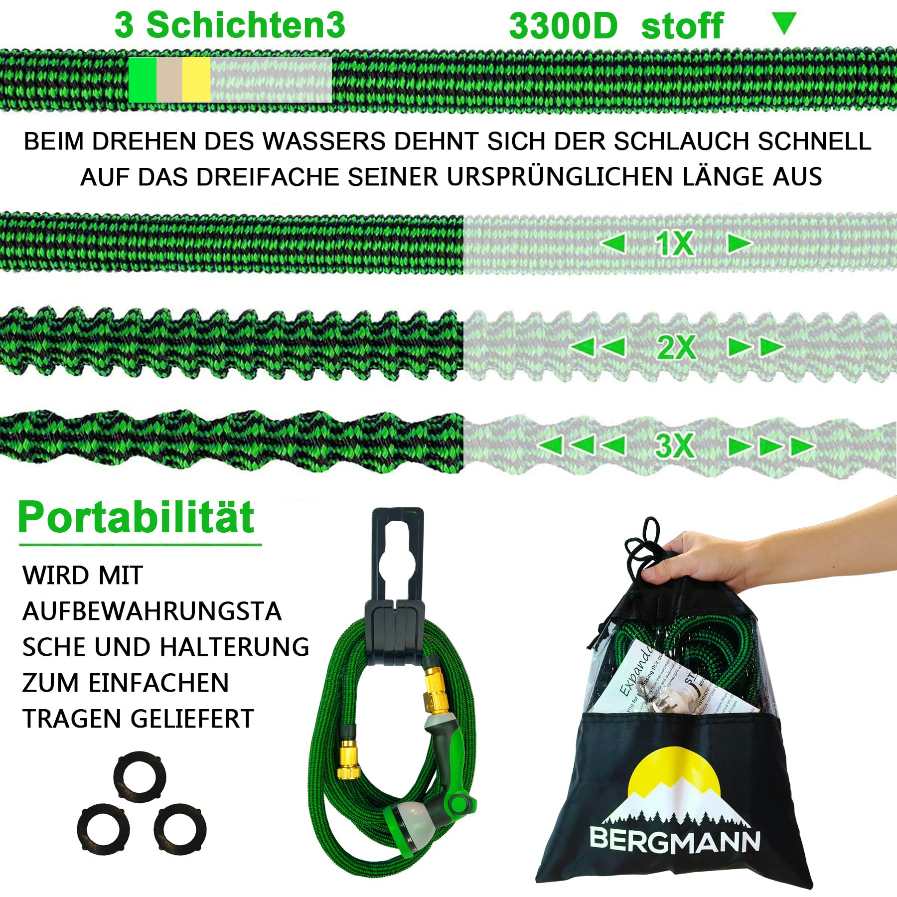 Bergmann® Tubo da giardino flessibile di alta qualità, tubo flessibile con 10 funzioni, tubo flessibile con supporto da parete 3/4 1/2", attacco a 3 canali in lattice (verde, 22 m)