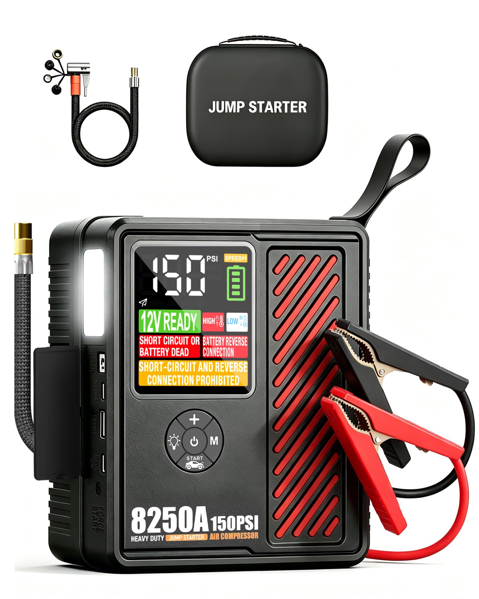Arrancador portátil de coche de 8250 amperios con compresor de aire, inflador de neumáticos seguro de 150 PSI, inflado rápido de 40 l/min con apagado automático de 12 V, 760 CCA, arrancador de batería
