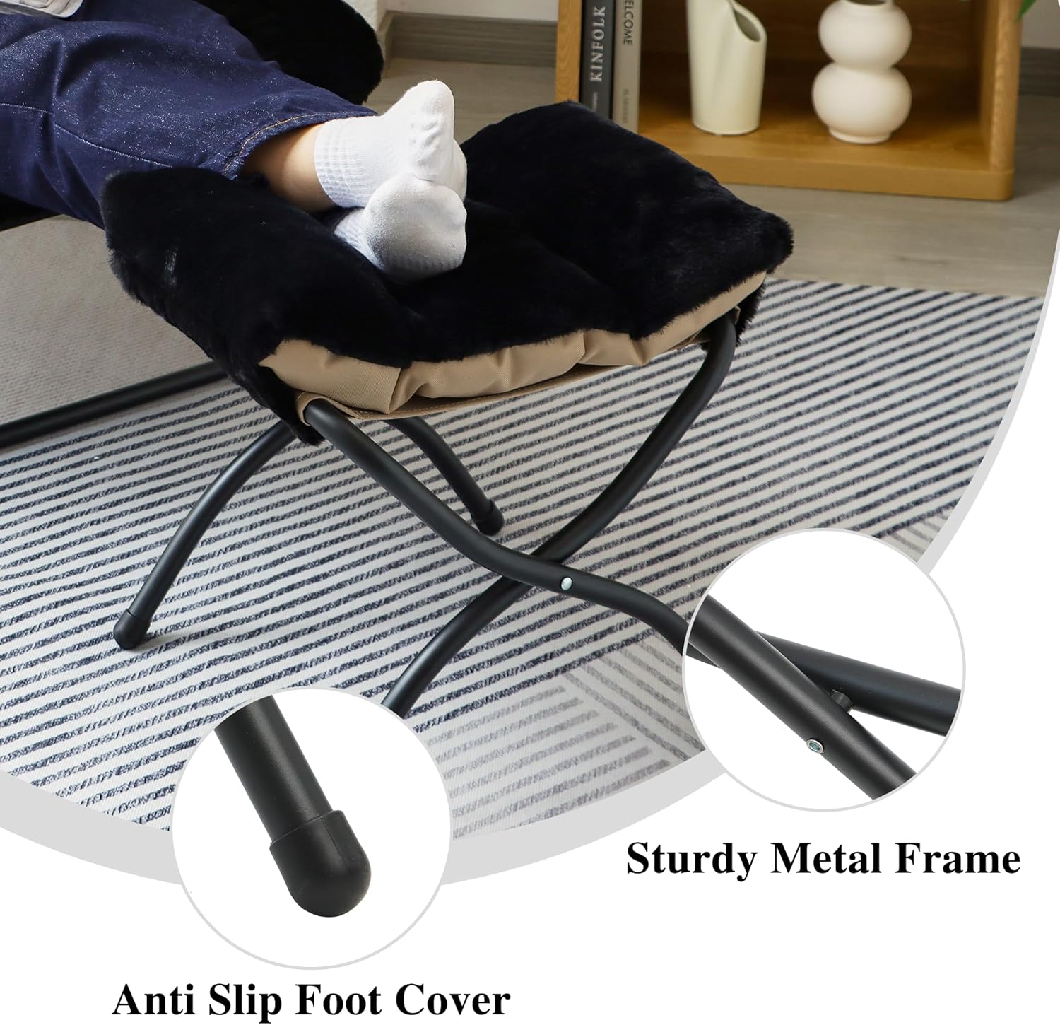 15"(H) Folding Ottoman, Foldable Footrest Stool, Portable Small Foot Stool for Couch, Collapsible Foot Rest Ottoman for Sofa, Accent Padded Ottomans for Living Room, Bedroom, Black - Image 7