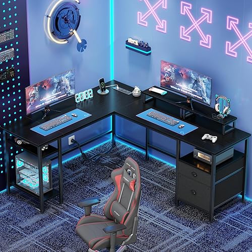 Miniatura 2 de Furologee Escritorio en forma de L de 59 pulgadas con toma de corriente, escritorio reversible para computadora con cajón de archivos y 2 soportes