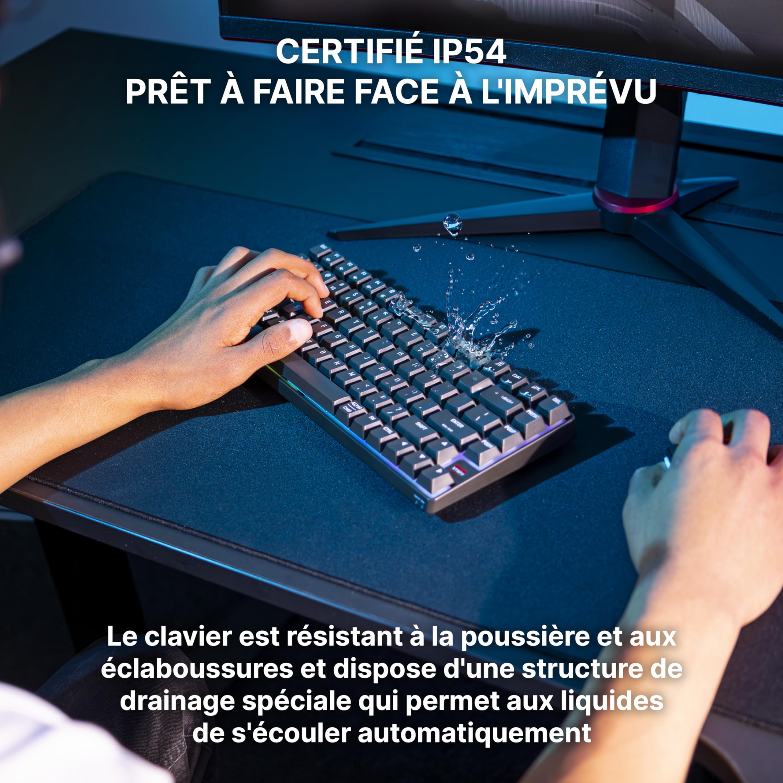 K33 Compact Wireless, Clavier Gaming sans Fil Mem-chanical 75%, Multi-Appareils, Rétroéclairage RGB, IP54 Résistant à la Poussière et Aux Éclaboussures, Disposition FR (AZERTY), Noir