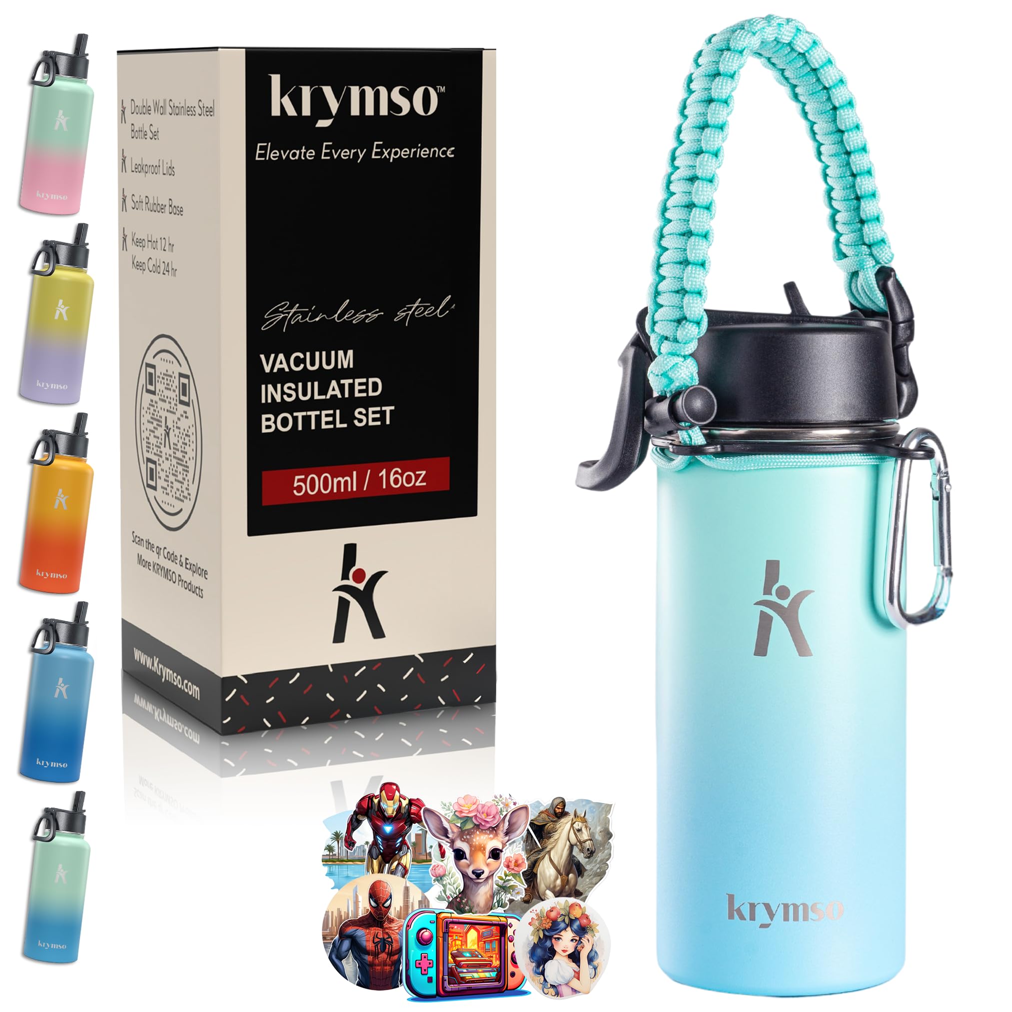 KRYMSO, 500ml Stainless Steel Water Bottle with Ai Stickers for Kids with Straw, Thermos, Insulated Cup, Water 500ml with (Aqua Sky)