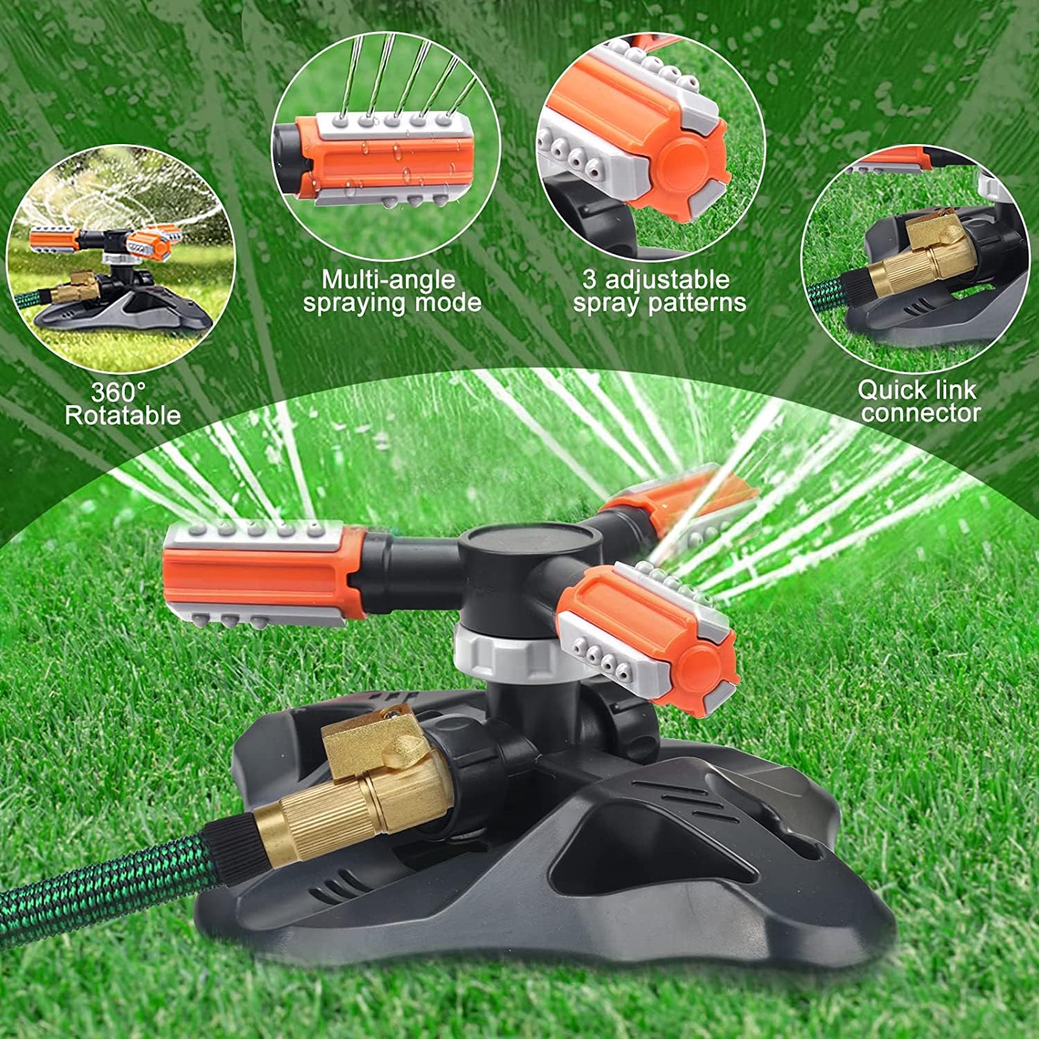 Spruzzatore automatico da giardino, spruzzatore d'acqua a 3 bracci con connettore rapido girevole a 360 gradi per irrigazione erba, giardino, irrigazione prato, irrigazione