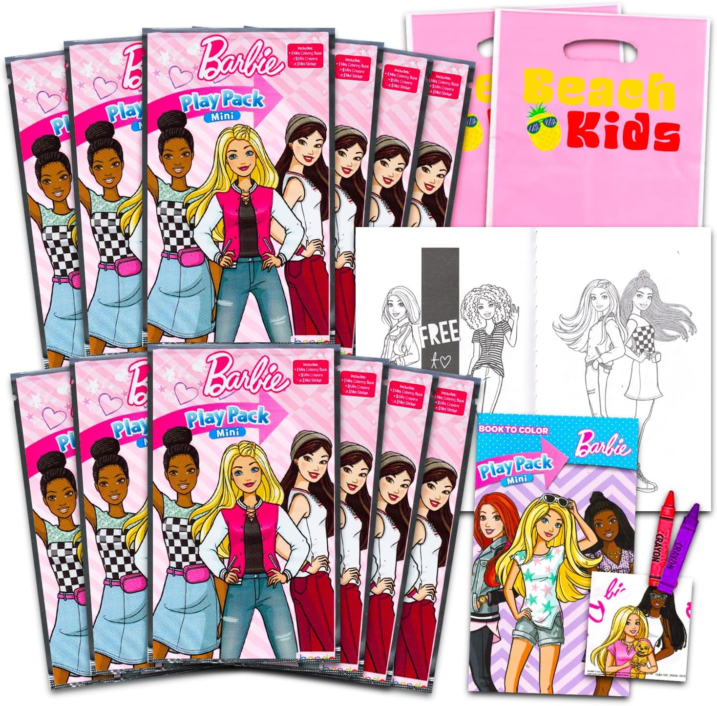 12 Piece Barbie Mini Party Favor Set - Package of 12 Barbie Play Packs, Mini Colouring Books, Stickers and Gift Bags (BBarbie Birthday Party Supplies, Decorations)