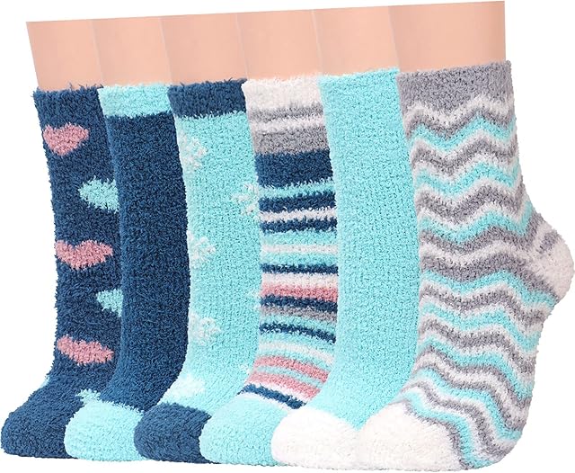 Thermal Fluffy Socks for Womens, Ladies Bed Cosy Christmas Fuzzy Socks Thick Warm Socks for Winter Home Sleep Floor 6 Pairs