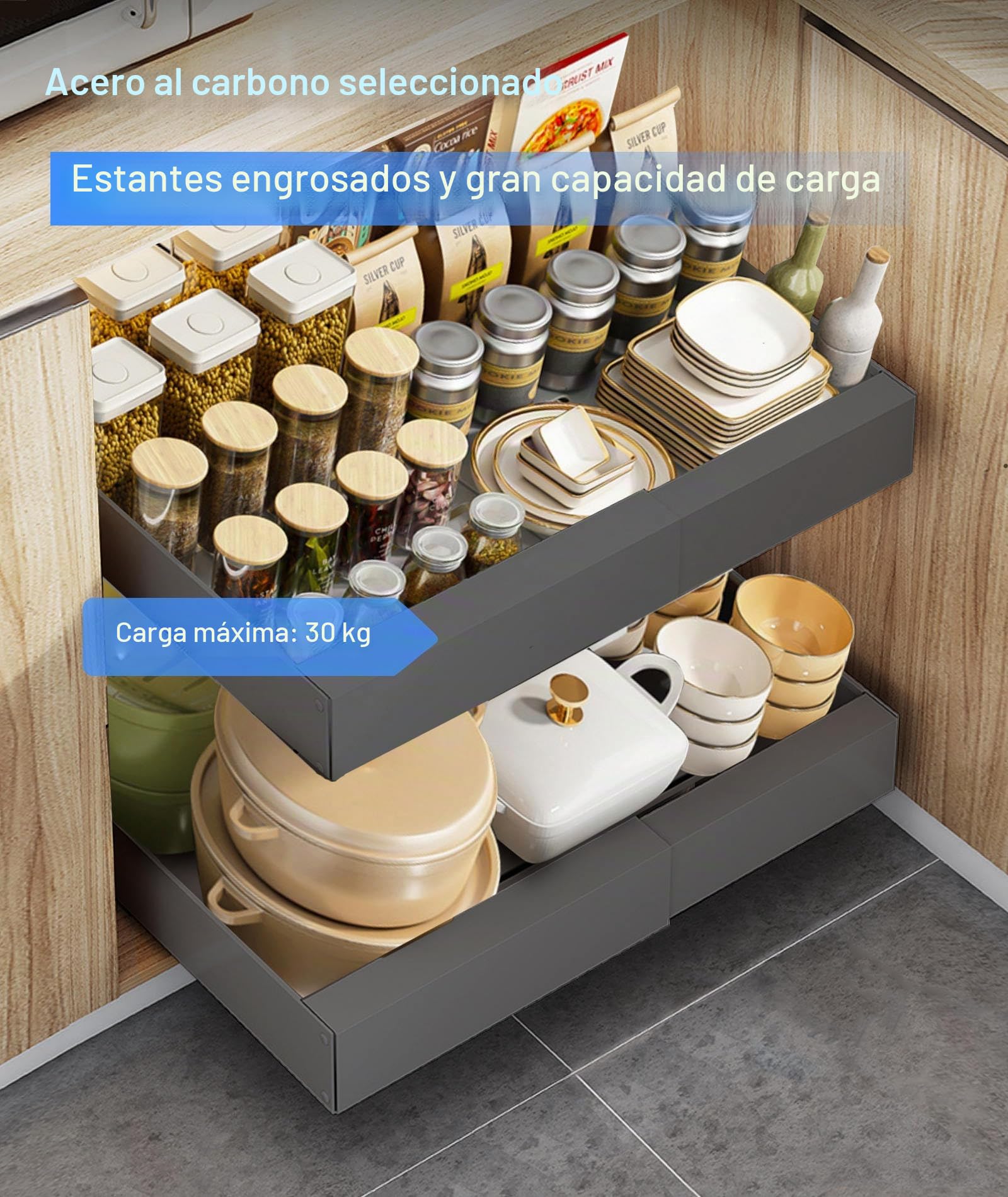 2pcs Cajones Extraibles Para Cocina ,No Requiere Perforación Organizador Cajones, Ampliable Pull Out Cabinet Organizer Cajon Telescopico Adhesivo Para Cocina Baño Armario 32-52x42x7cm(2, Gris)