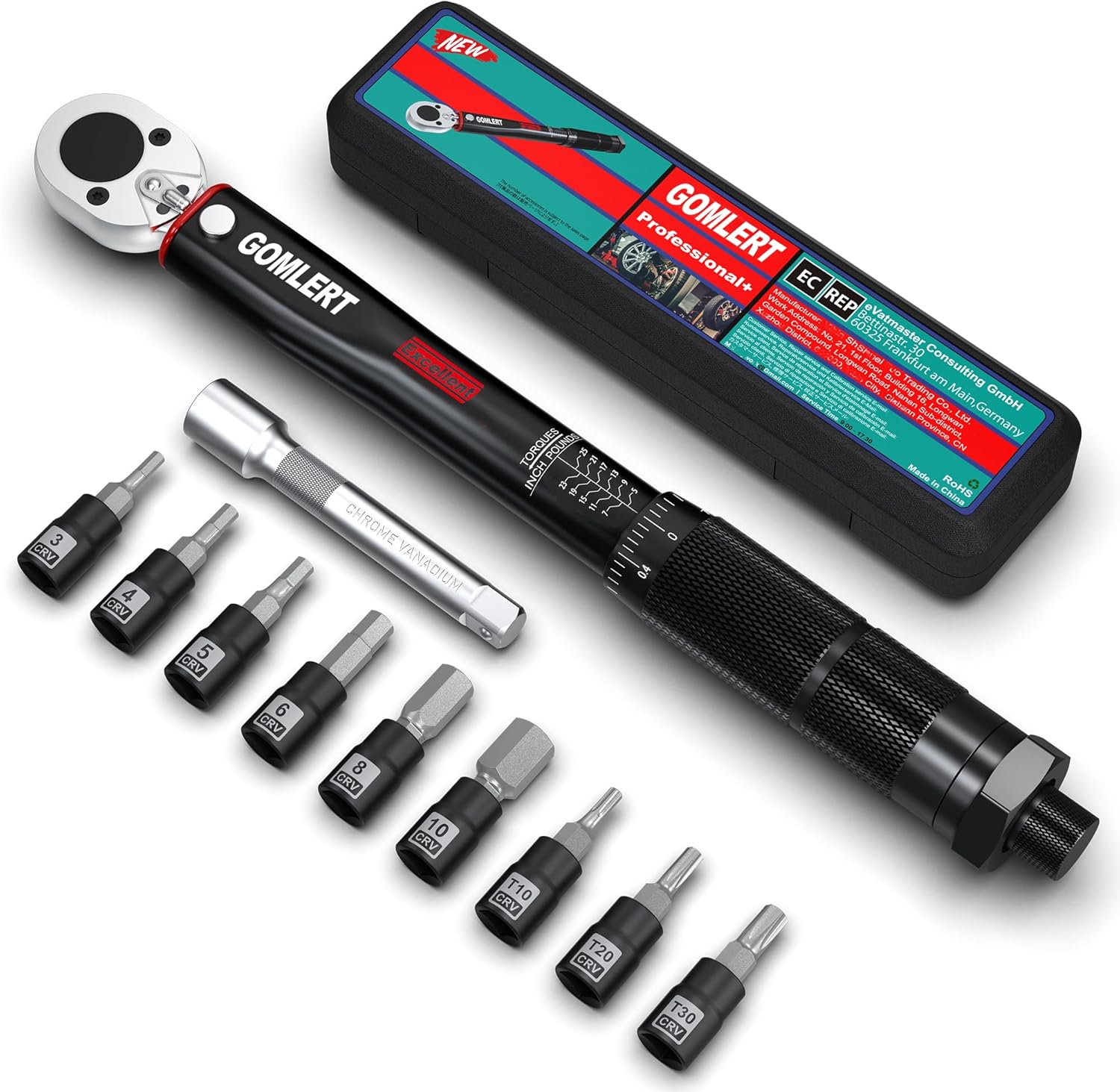 GOMLERT 1/4 Inch Drive Click Torque Wrench 5-25 Nm 11 Piece Set Black ...