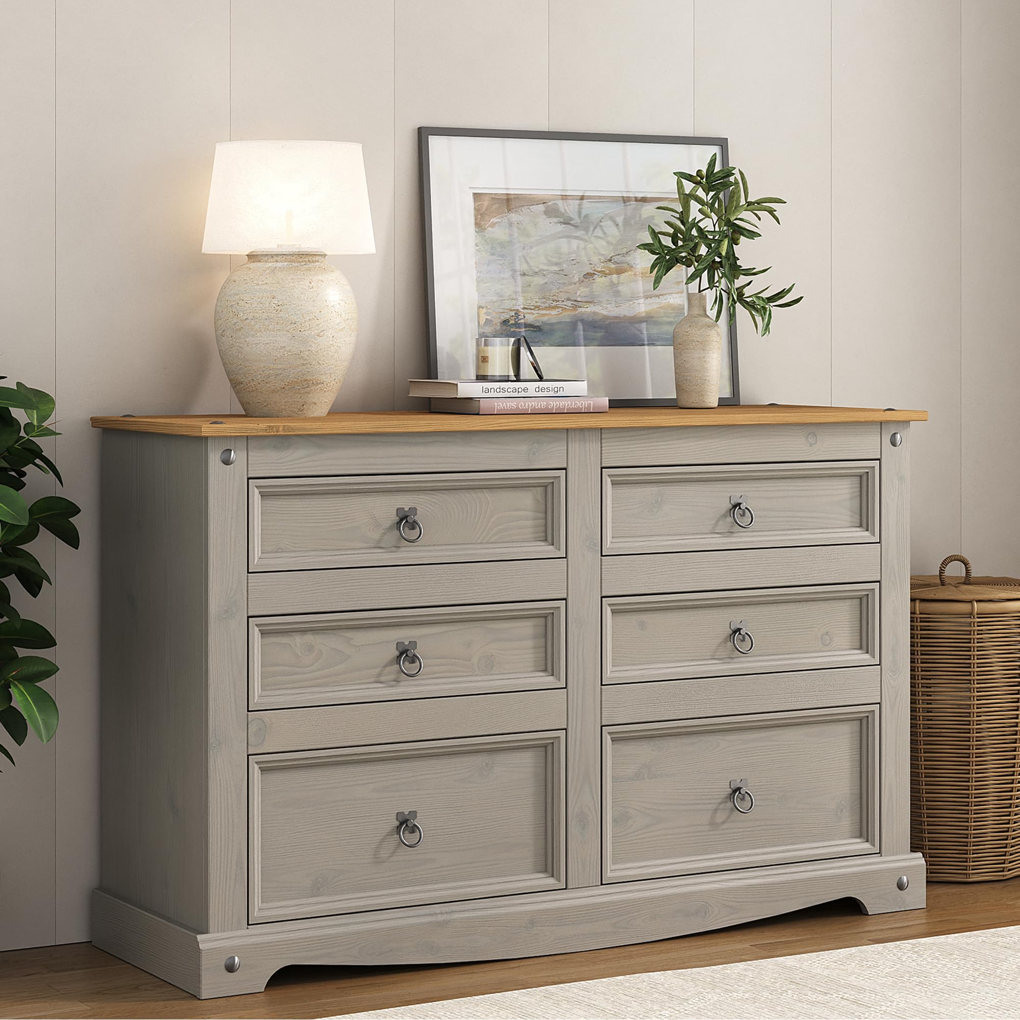 Mews Corona Grey Chest of Drawers 6 Drawer Solid Pine Mexican 3+3 Wooden Sideboard with Elegant Contrasting Gunmetal Finish Handles and Hinges