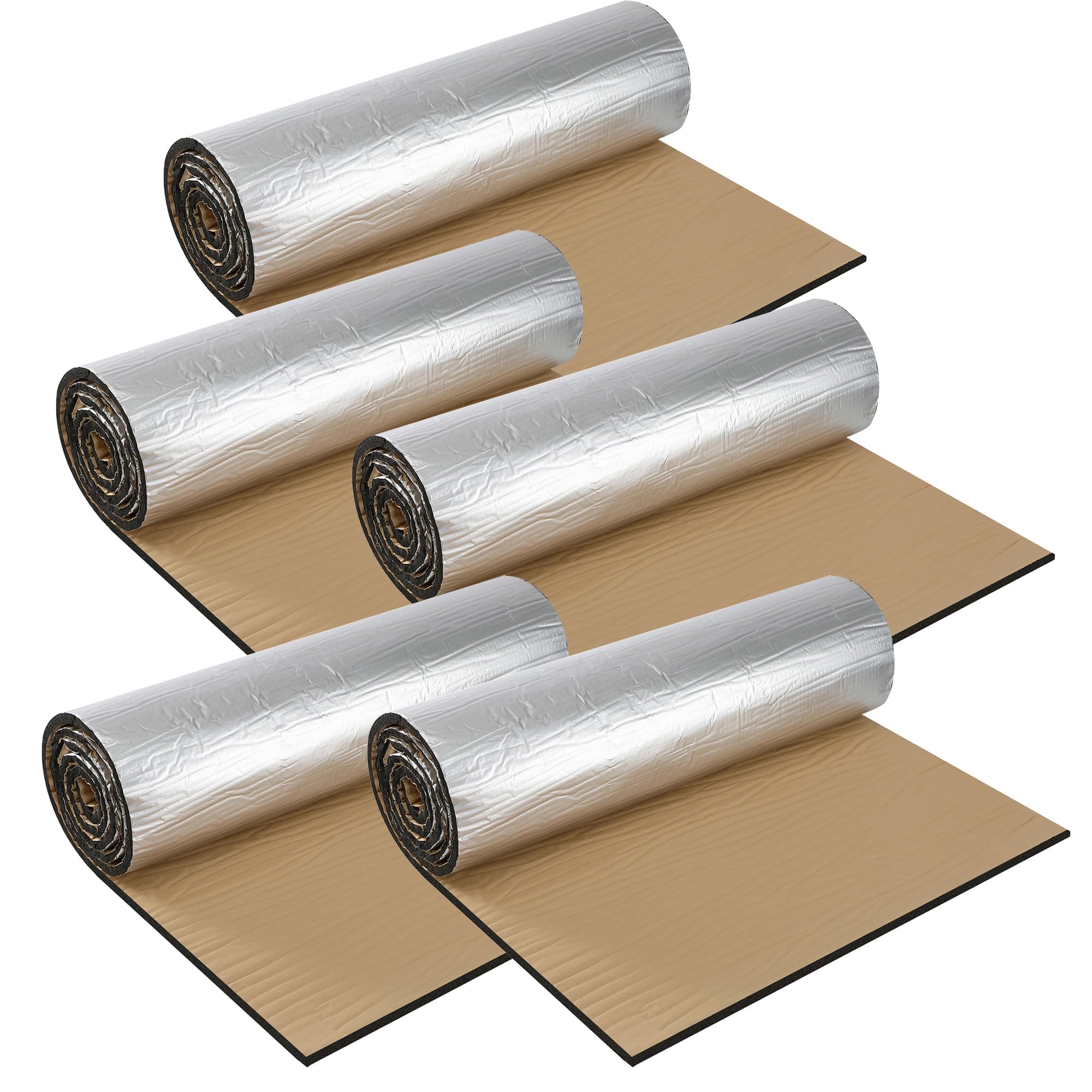 Pamatio 5 Roll 2m x 50 cm Insulation Soundproofing Mat, 10mm Thick Radiator Insulation Foil Reflector, Self-Adhesive Aluminium Foil Sound Deadening Roll for Auto Roofs, Floors