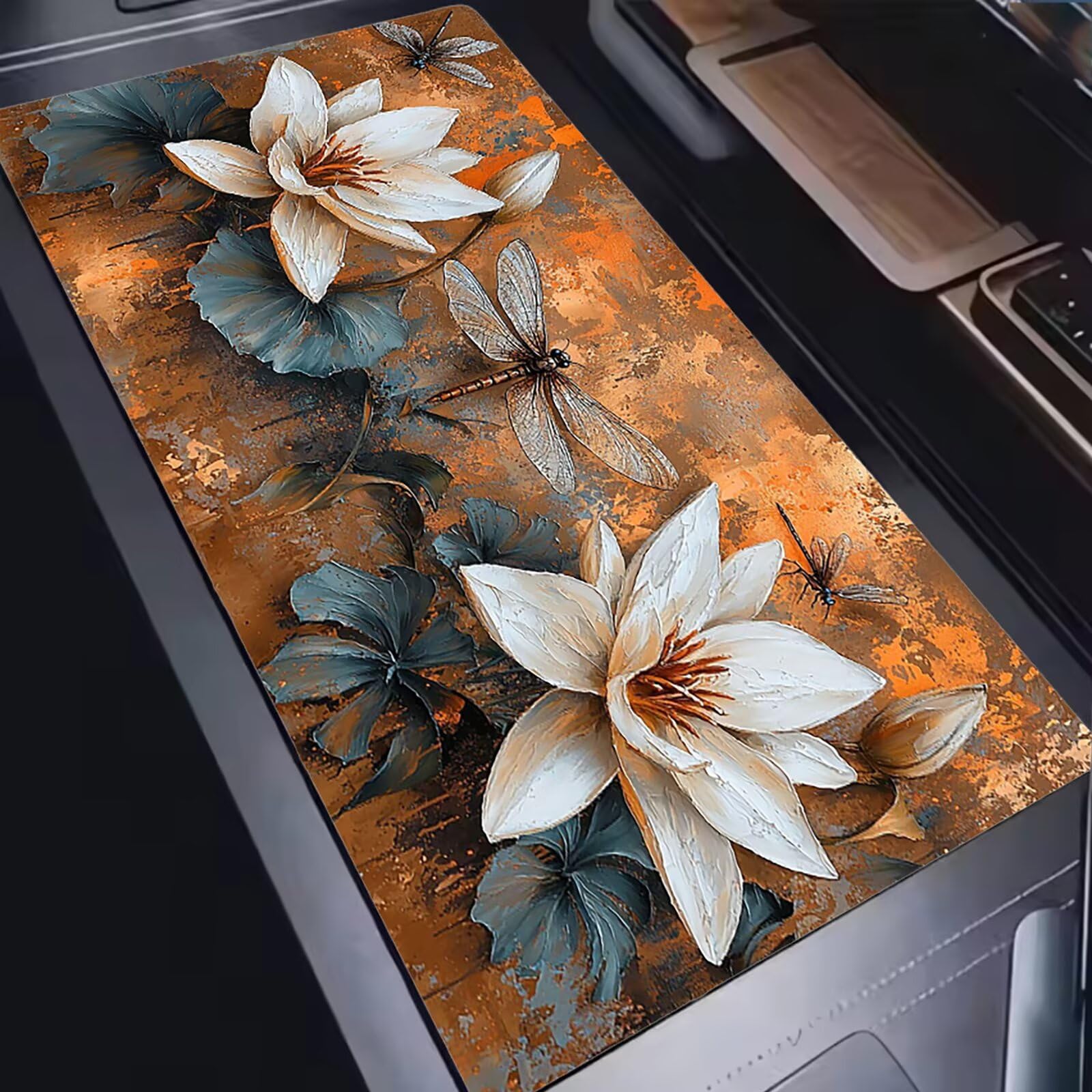 Podkładka pod mysz 1200 x 600 mm Podkładka pod mysz dla graczy, biurkowa mysz ultra cienka antypoślizgowa gumowa podstawa zmywalna ulepszona prędkość ulepszona precyzja PC, komputer, praca ważka kwiat