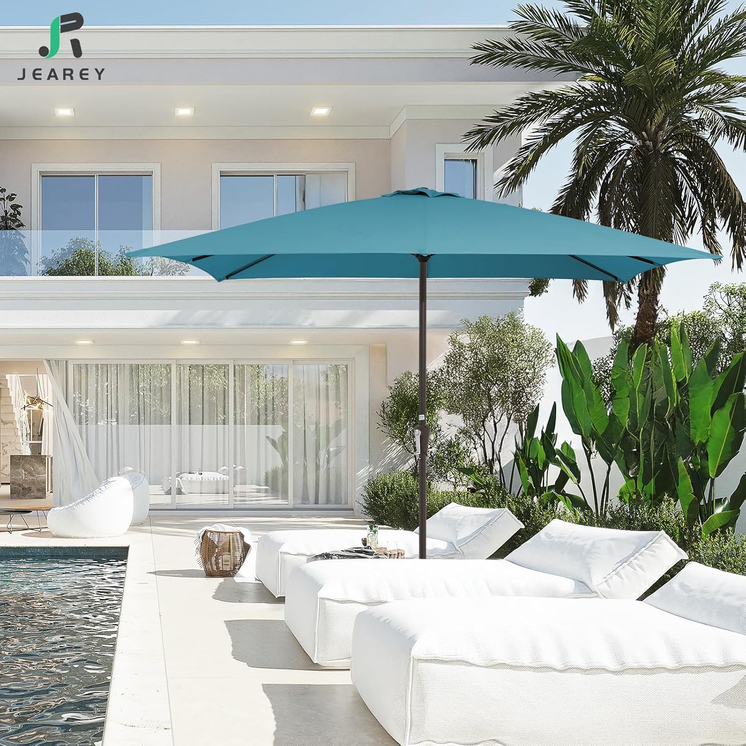 JEAREY 8x10 ft Rectangular Patio Umbrellas Outdoor Table Market Umbrella w/Crank, 8 Sturdy Ribs, UV Protection Windproof Sunproof for Garden, Deck, Backyard, Pool(Cerulean)